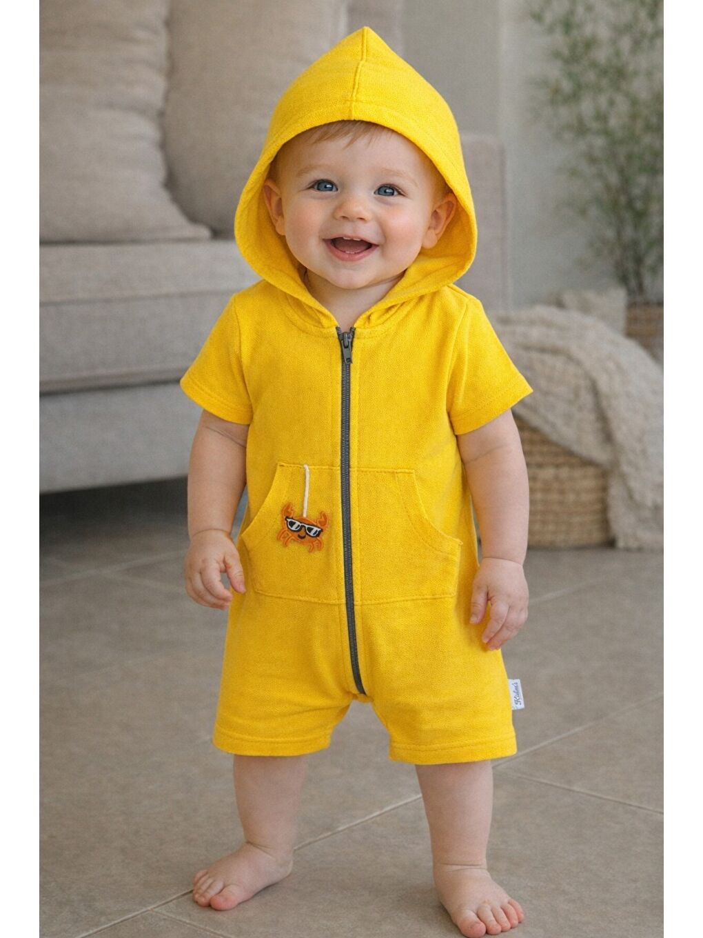 Sarı Unisex Bebek Yazlık Kapüşonlu Tulum Pamuklu Fermuarlı Tulum