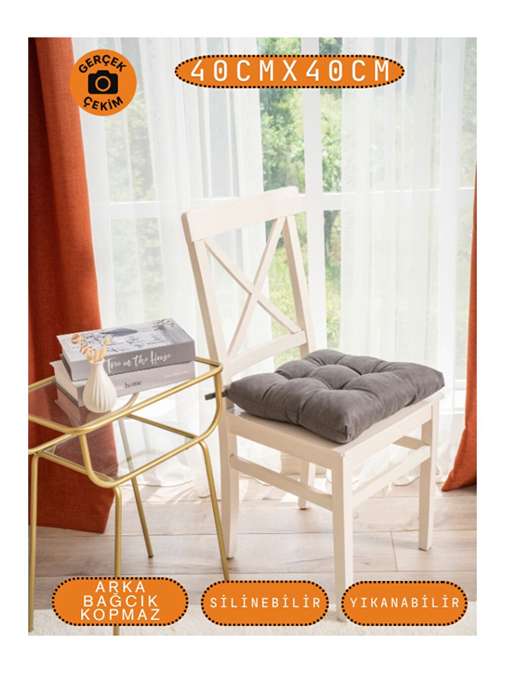 Pastello Sandalye Minderi –Gri – Kadife Dokulu, Bağcıklı, Yıkanabilir – 40x40-3