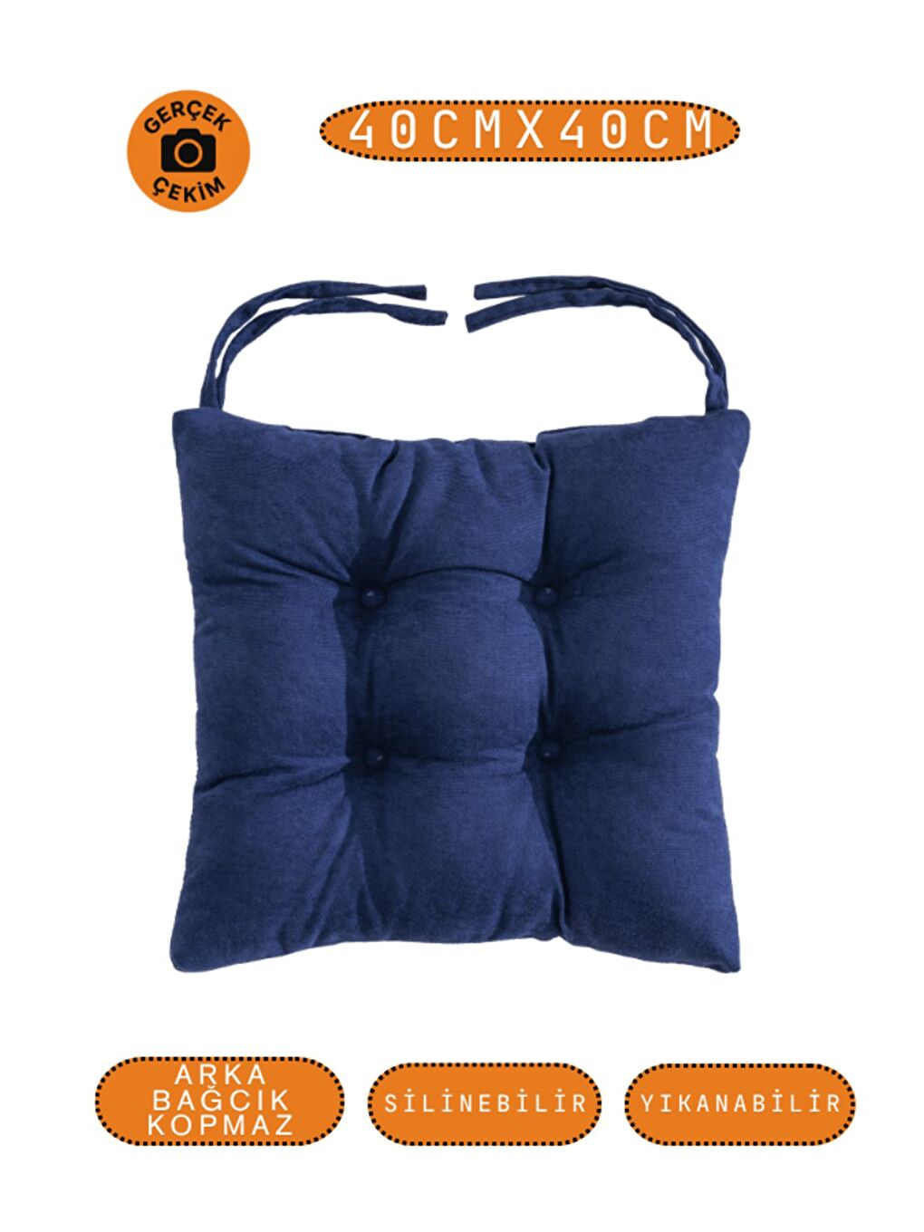 Pastello Sandalye Minderi –Gece Mavisi – Kadife Dokulu, Bağcıklı, Yıkanabilir – 40x40