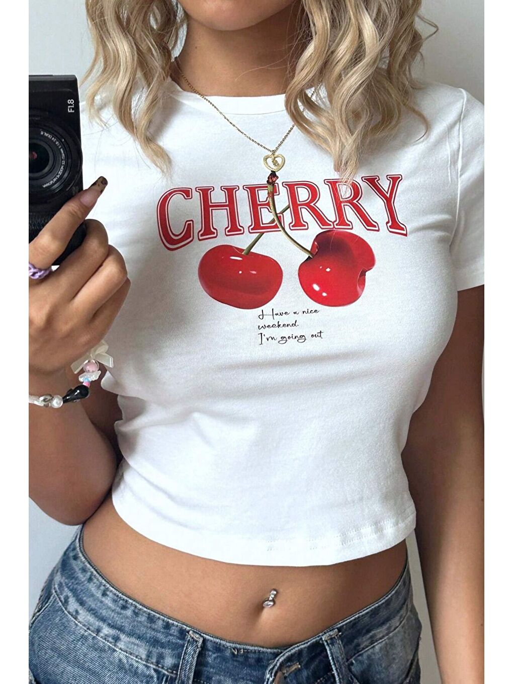 Kadın Baskılı Beyaz Crop Tişört - Cherry Desenli, Yazlık Kısa Kollu Bluz-1