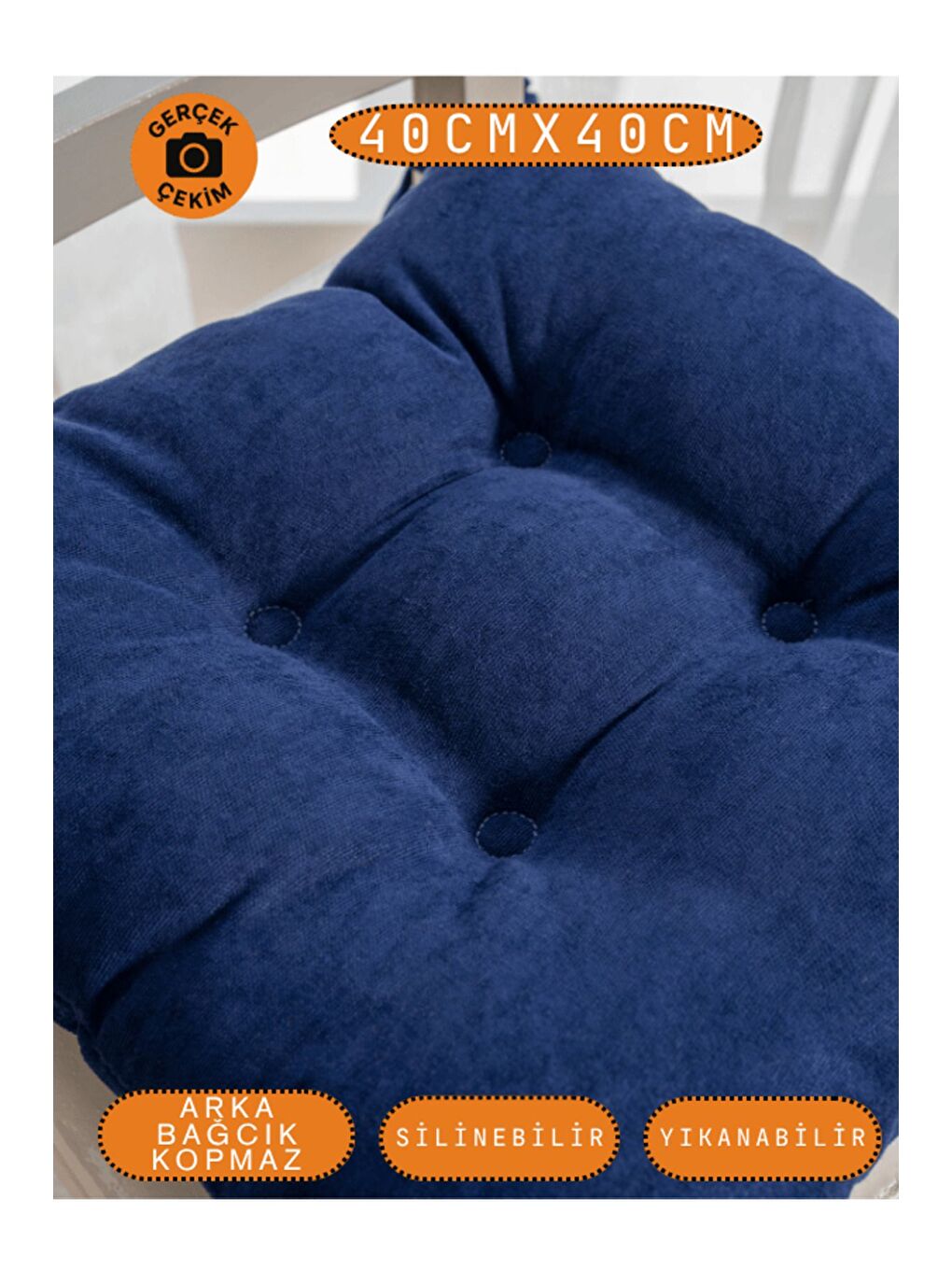 Pastello Sandalye Minderi –Gece Mavisi – Kadife Dokulu, Bağcıklı, Yıkanabilir – 40x40-2