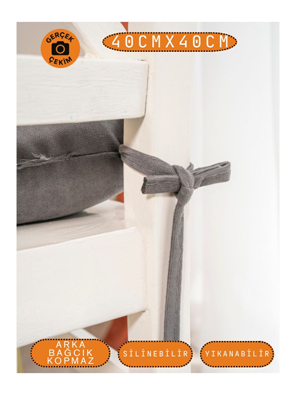 Pastello Sandalye Minderi –Gri – Kadife Dokulu, Bağcıklı, Yıkanabilir – 40x40-4