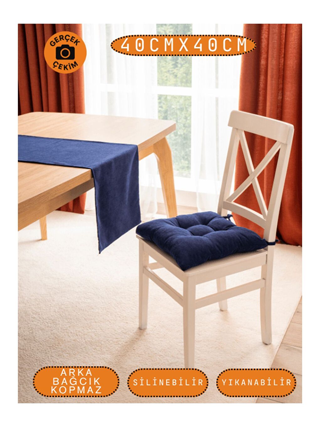 Pastello Sandalye Minderi –Gece Mavisi – Kadife Dokulu, Bağcıklı, Yıkanabilir – 40x40-5