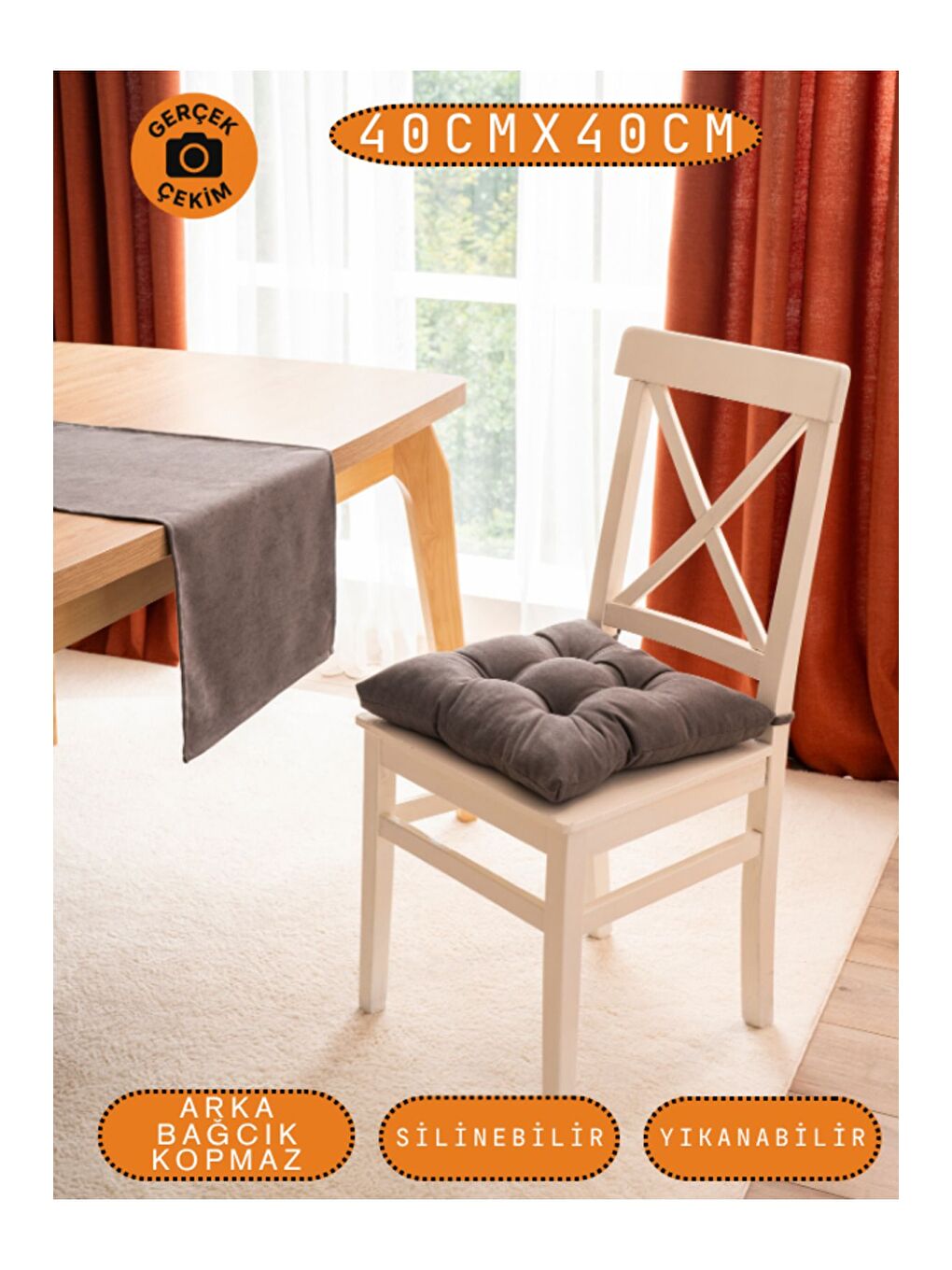 Pastello Sandalye Minderi –Gri – Kadife Dokulu, Bağcıklı, Yıkanabilir – 40x40-5