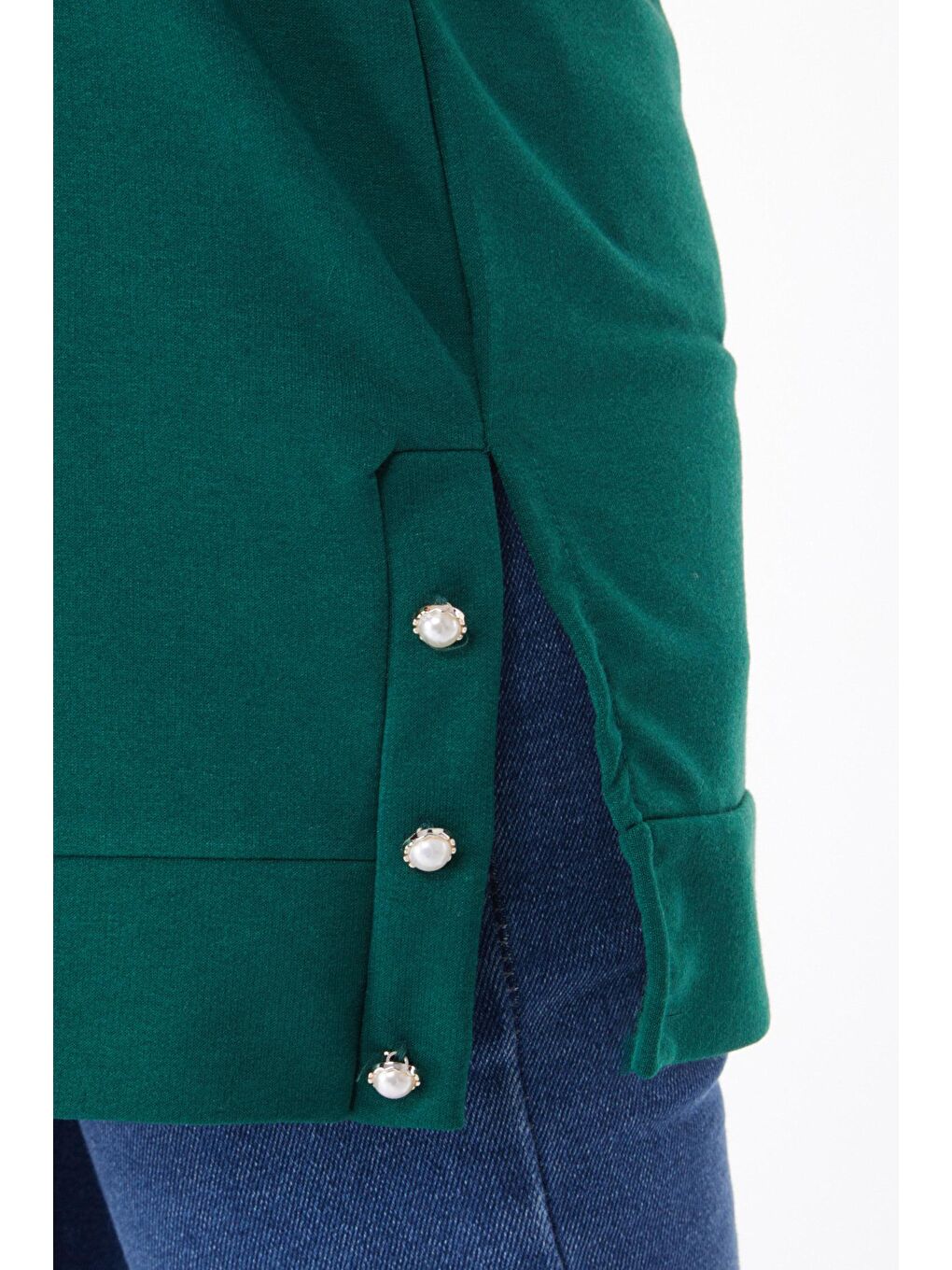 Bisiklet Yaka Kadın Yeşil Yanları Düğme Detaylı Sweatshirt - 24757-5