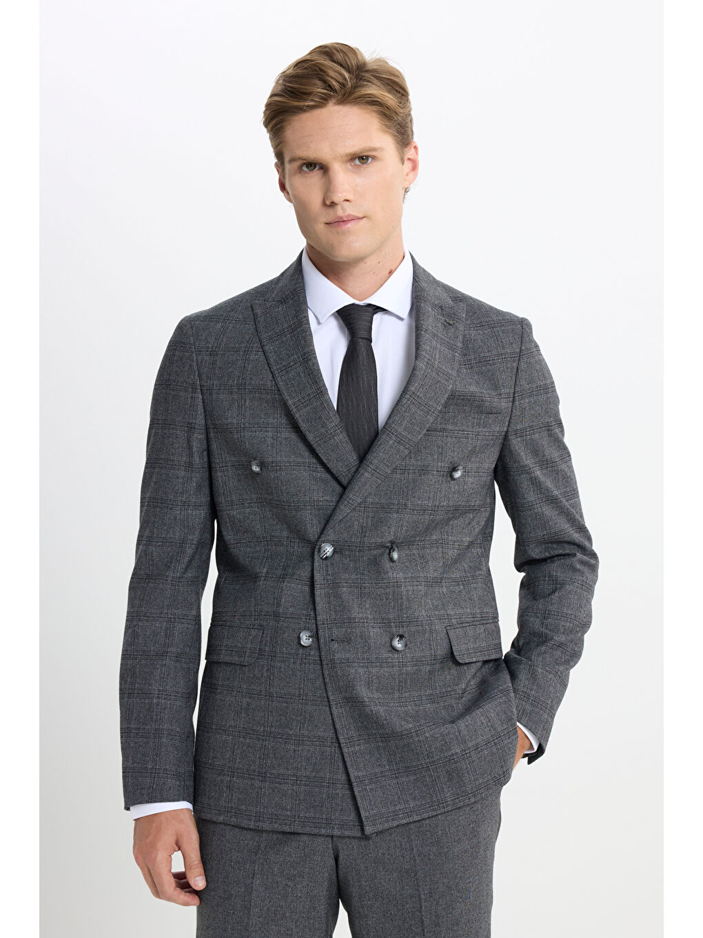 Erkek Antrasit Slim Fit Dar Kesim Kırlangıç Yaka Kareli Kapak Cepli Esnek Takım Elbise