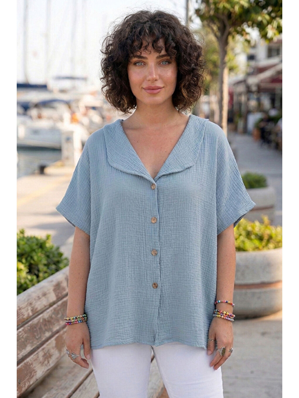 Açık Mavi Bebe Yaka Düşük Kol Düğmeli Casual Müslin Oversize Dokuma Bluz 70 65-1