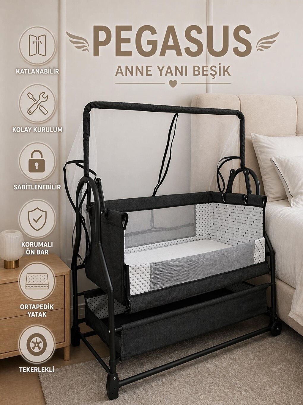 Pegasus Anne Yanı Katlanır Bebek Beşiği 50x90 Cm - Gri