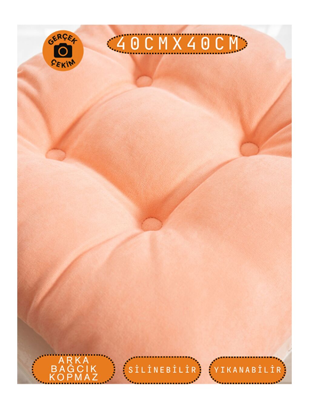 Turuncu Pastello Sandalye Minderi – Şeftali Pembesi (YAVRUAĞZI) – Kadife Dokulu, Bağcıklı, Yıkanabilir –-2