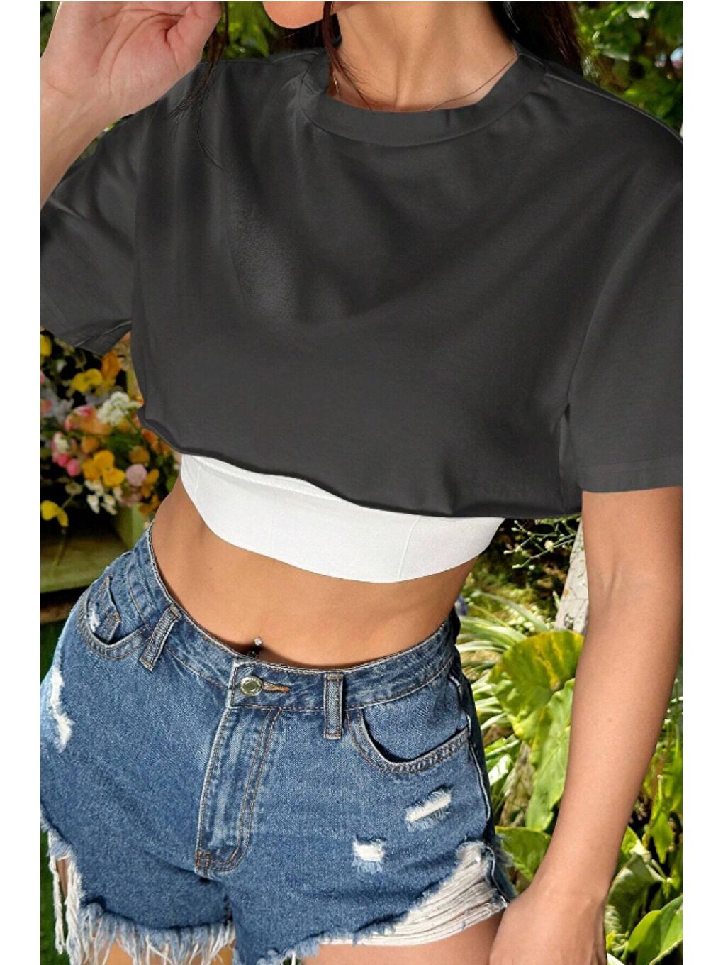 Kadın Antrasit Bisiklet Yaka Oversize Crop T-Shirt-4