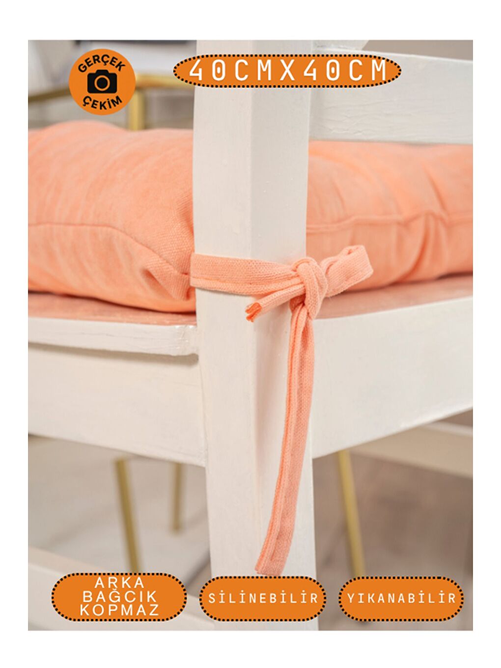 Turuncu Pastello Sandalye Minderi – Şeftali Pembesi (YAVRUAĞZI) – Kadife Dokulu, Bağcıklı, Yıkanabilir –-3