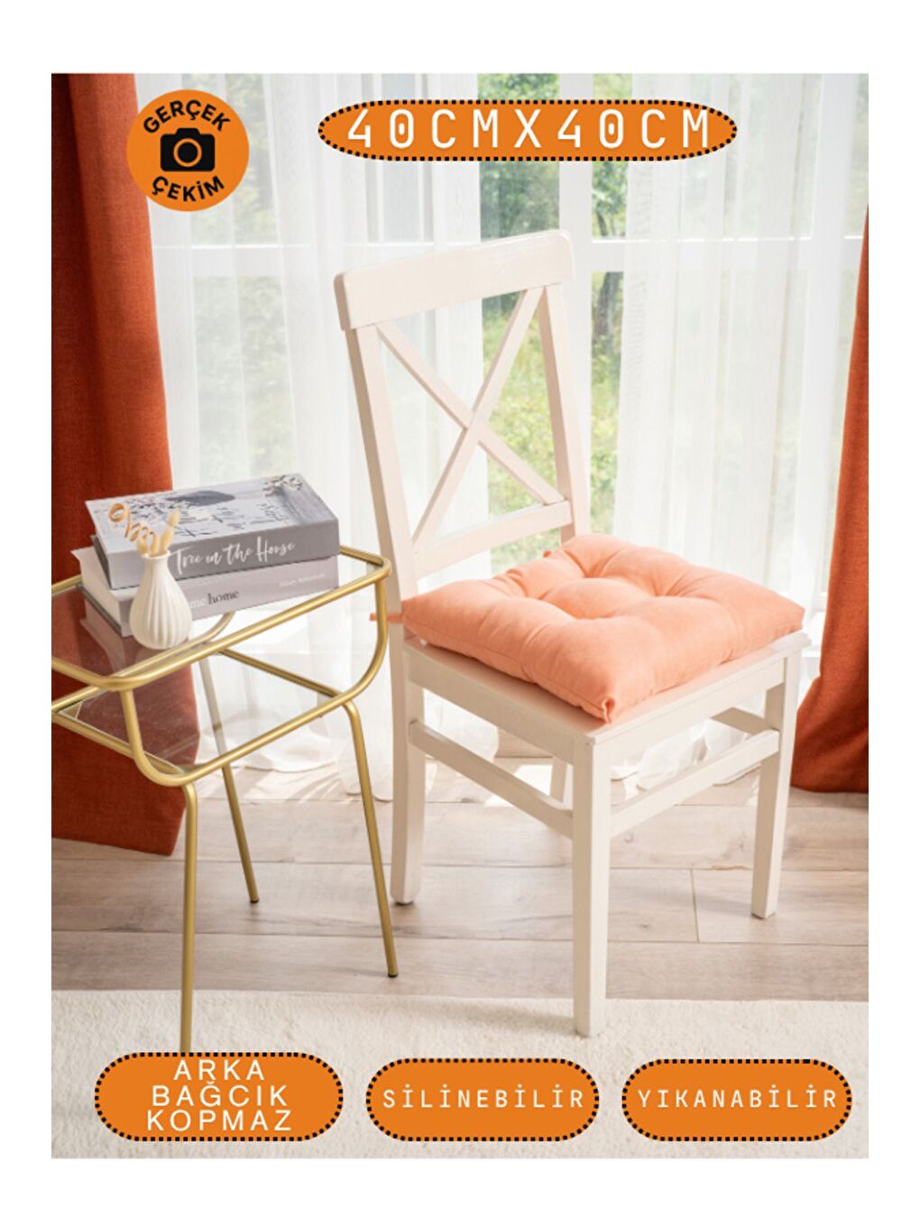 Turuncu Pastello Sandalye Minderi – Şeftali Pembesi (YAVRUAĞZI) – Kadife Dokulu, Bağcıklı, Yıkanabilir –-4