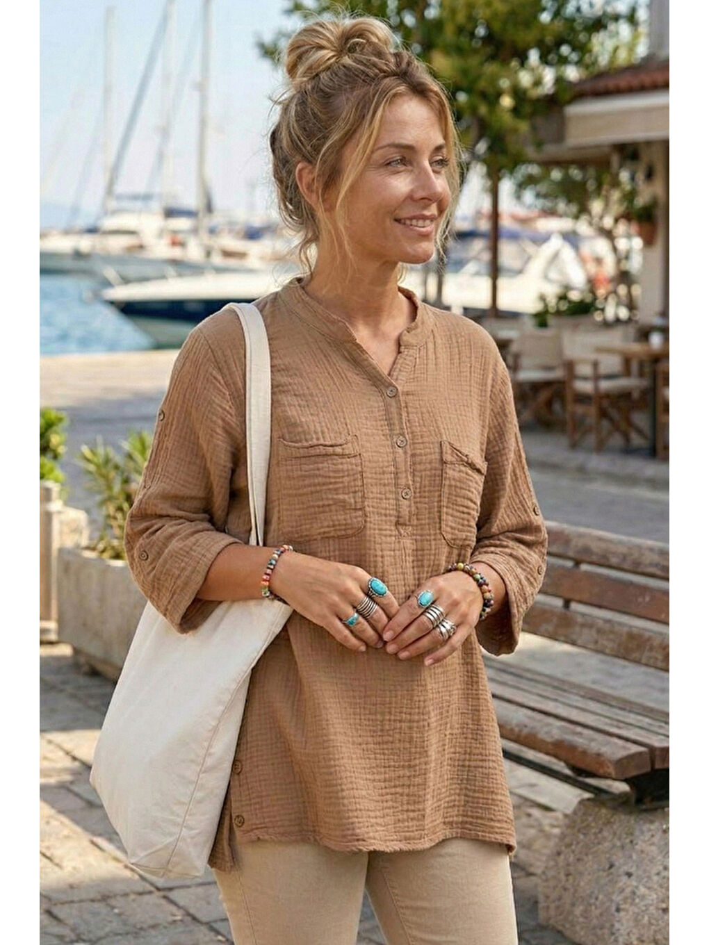 Kahverengi Camel Hakim Yaka 3/4 Kol Düğmeli Çift Cepli Yanları Düğmeli Casual Müslin Dokuma Bluz 70 65