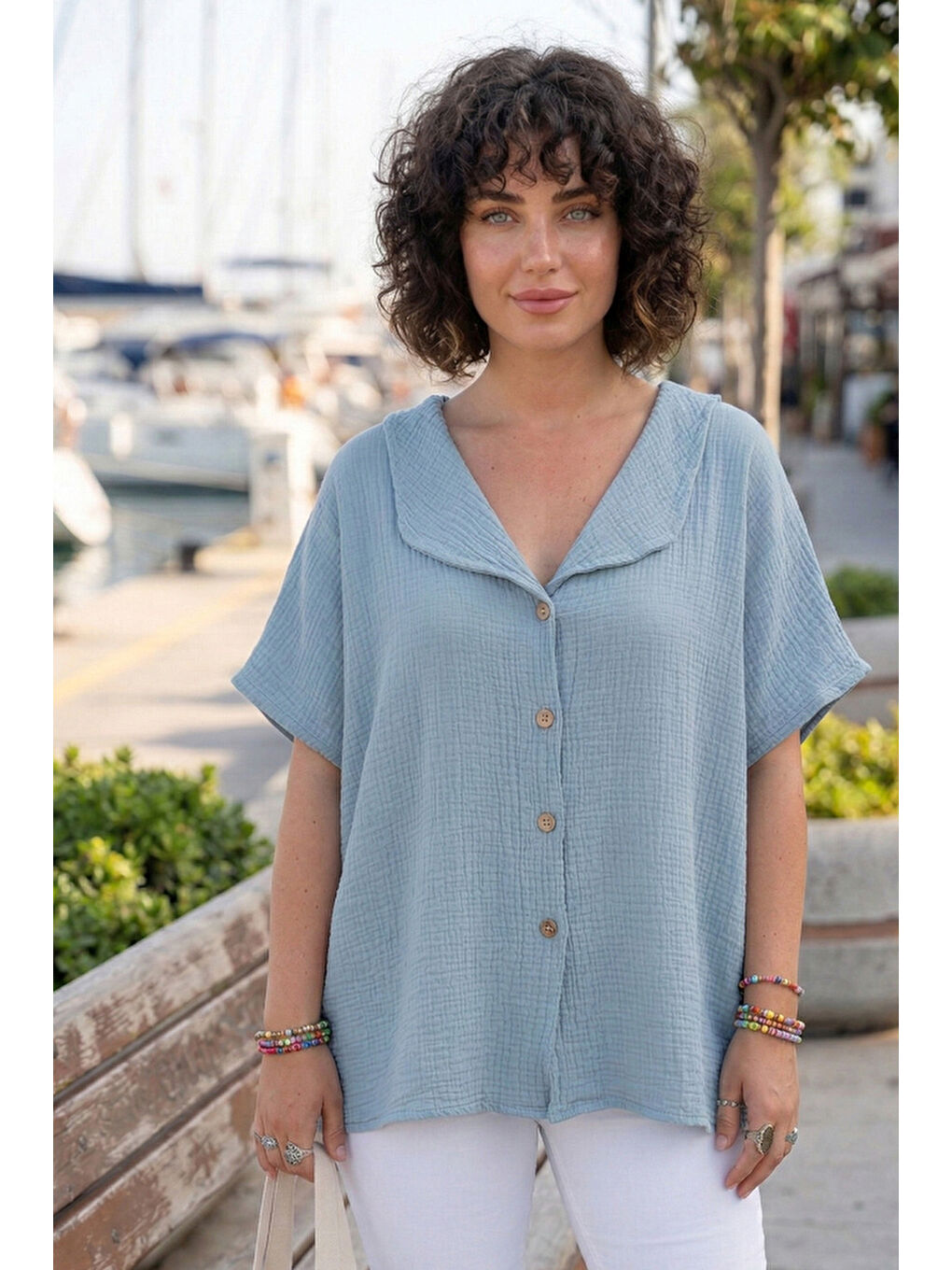 Açık Mavi Bebe Yaka Düşük Kol Düğmeli Casual Müslin Oversize Dokuma Bluz 70 65-2