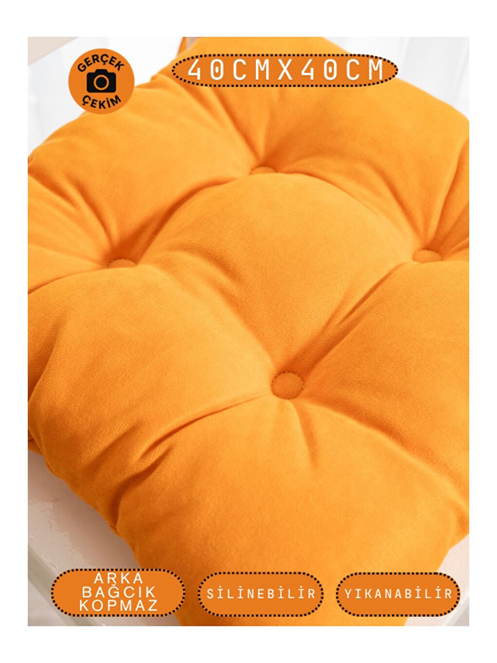 Pastello Sandalye Minderi –Turuncu – Kadife Dokulu, Bağcıklı, Yıkanabilir – 40x40-1