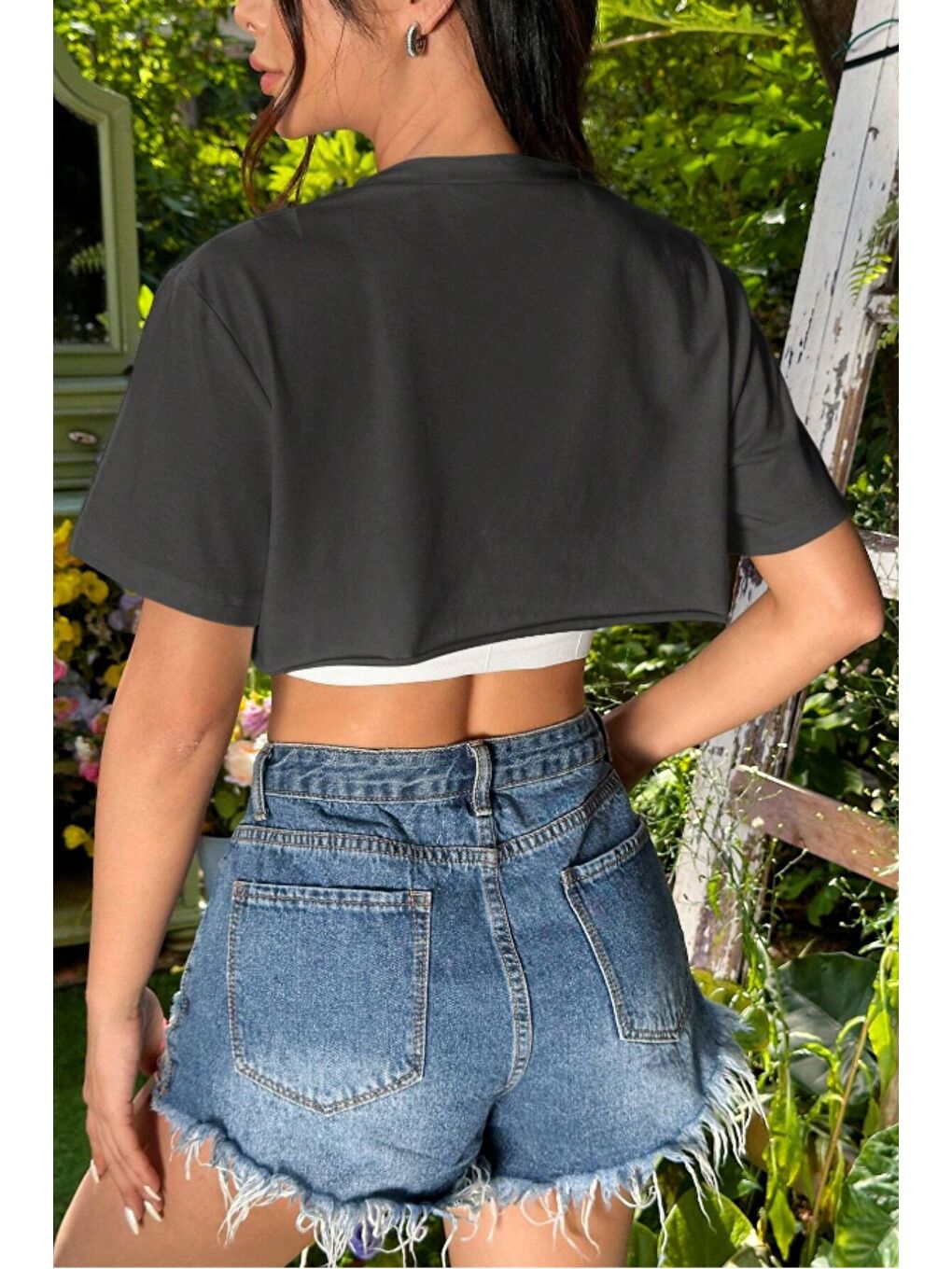 Kadın Antrasit Bisiklet Yaka Oversize Crop T-Shirt-5