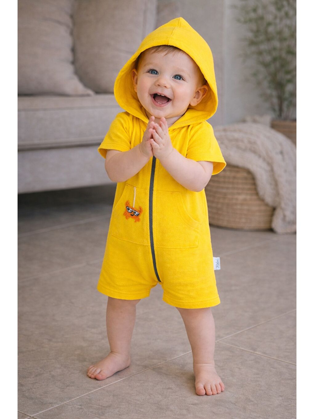 Sarı Unisex Bebek Yazlık Kapüşonlu Tulum Pamuklu Fermuarlı Tulum-2