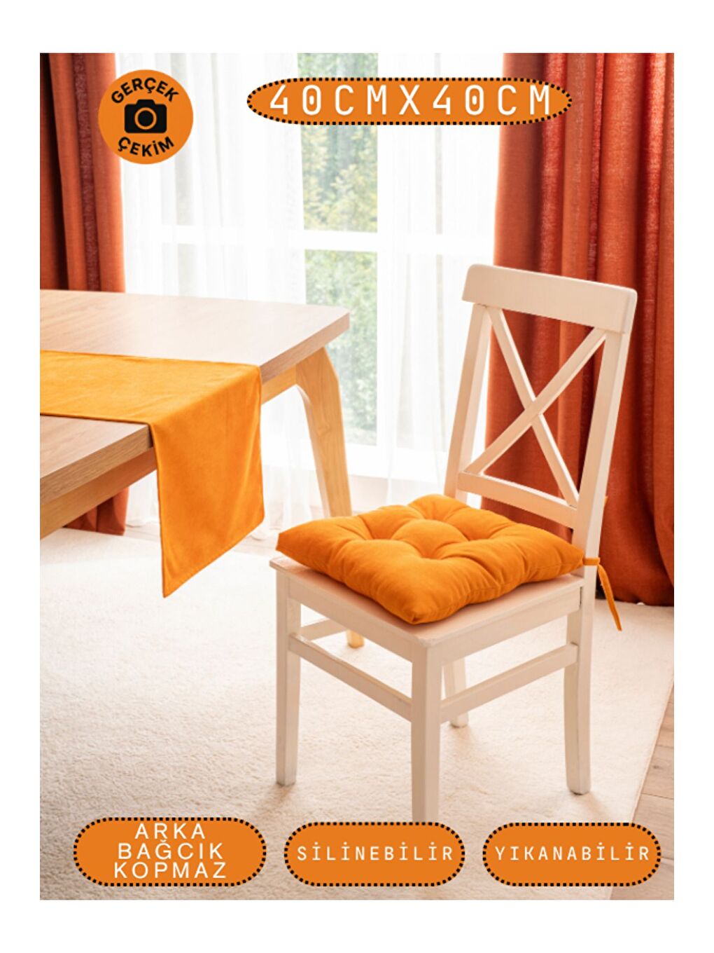Pastello Sandalye Minderi –Turuncu – Kadife Dokulu, Bağcıklı, Yıkanabilir – 40x40-3