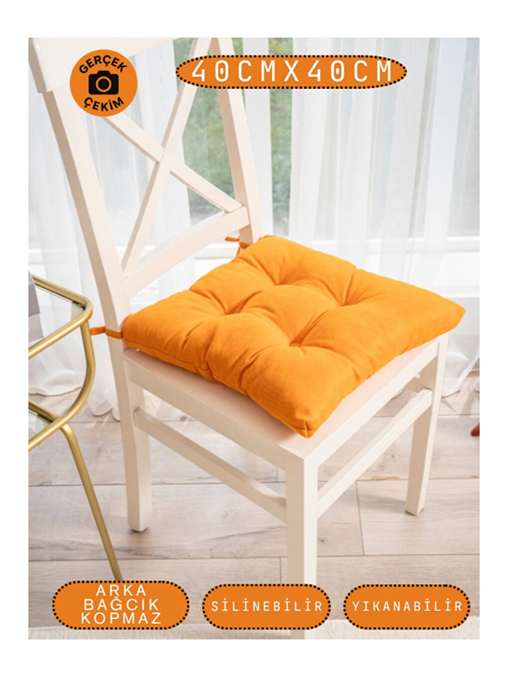 Pastello Sandalye Minderi –Turuncu – Kadife Dokulu, Bağcıklı, Yıkanabilir – 40x40-4