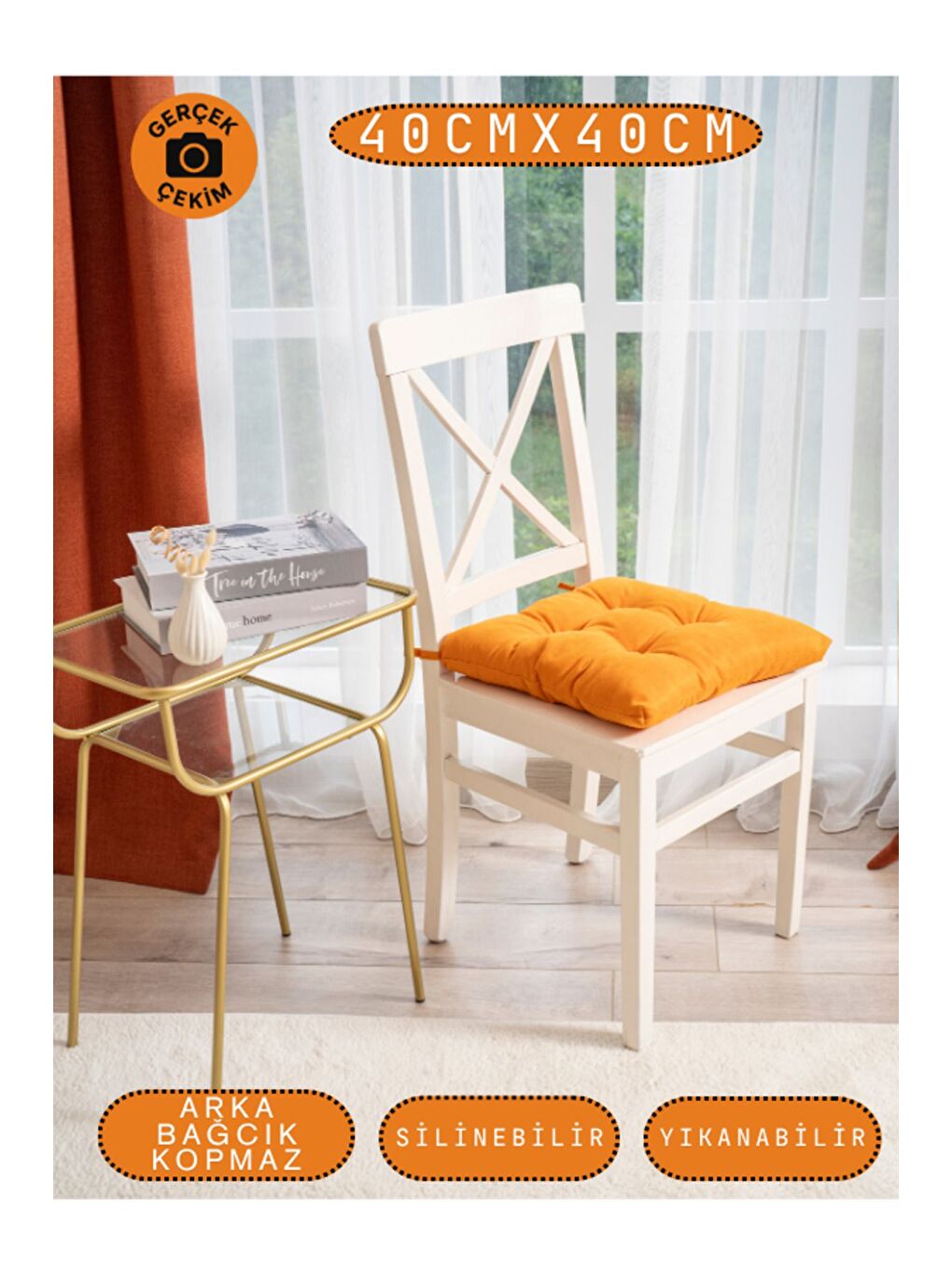 Pastello Sandalye Minderi –Turuncu – Kadife Dokulu, Bağcıklı, Yıkanabilir – 40x40-5