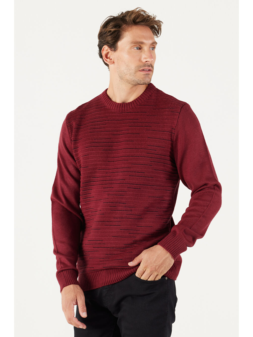 Erkek Bordo-Siyah Standart Fit Normal Kesim Bisiklet Yaka Dokulu Desenli Triko Kazak-1