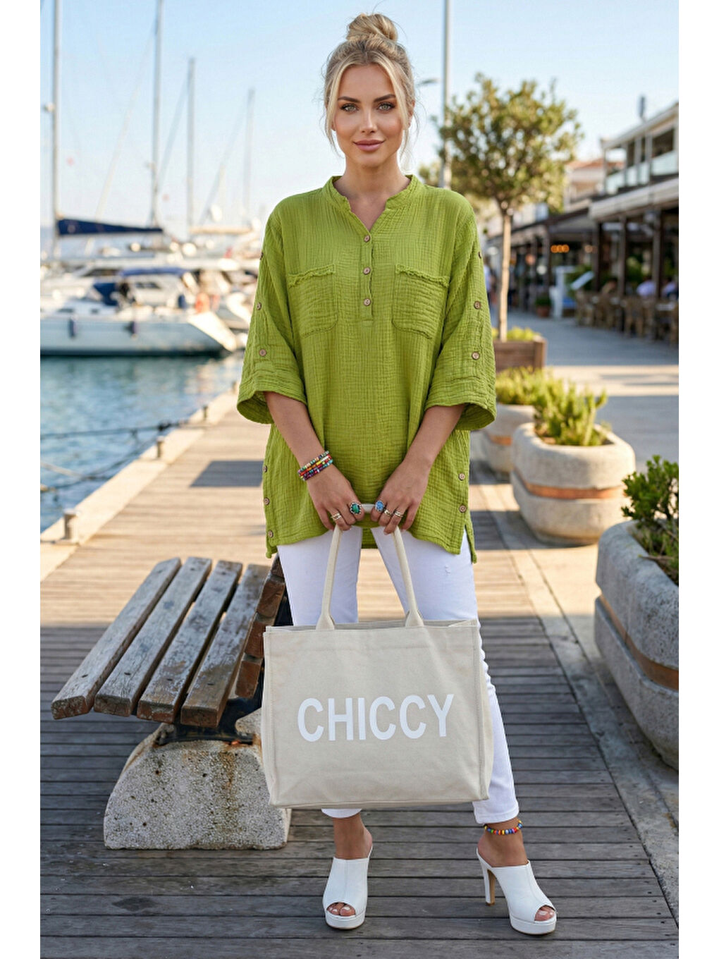 Yeşil Hakim Yaka 3/4 Kol Düğmeli Çift Cepli Yanları Düğmeli Casual Müslin Dokuma Bluz 70 65-2