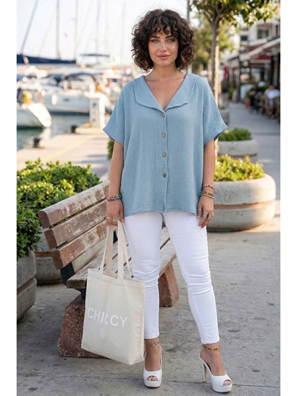 Açık Mavi Bebe Yaka Düşük Kol Düğmeli Casual Müslin Oversize Dokuma Bluz 70 65-3