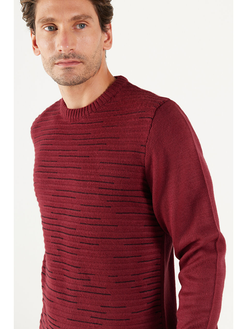 Erkek Bordo-Siyah Standart Fit Normal Kesim Bisiklet Yaka Dokulu Desenli Triko Kazak-2