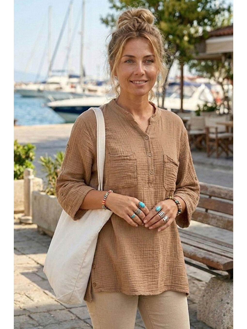 Kahverengi Camel Hakim Yaka 3/4 Kol Düğmeli Çift Cepli Yanları Düğmeli Casual Müslin Dokuma Bluz 70 65-1