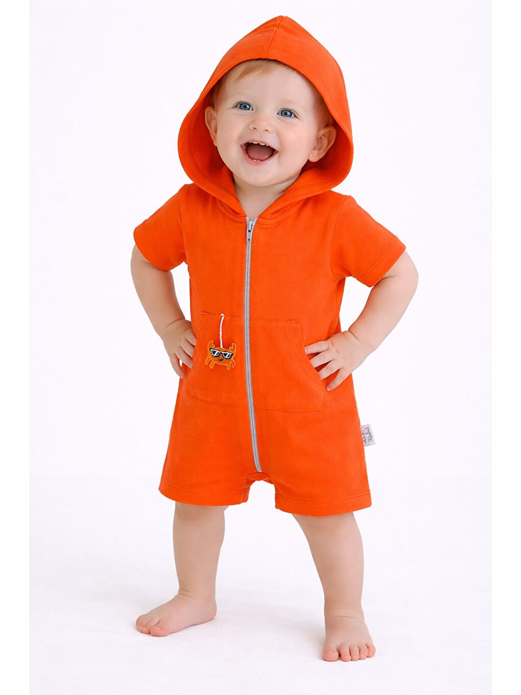 Turuncu Unisex Bebek Yazlık Kapüşonlu Tulum Pamuklu Fermuarlı Tulum