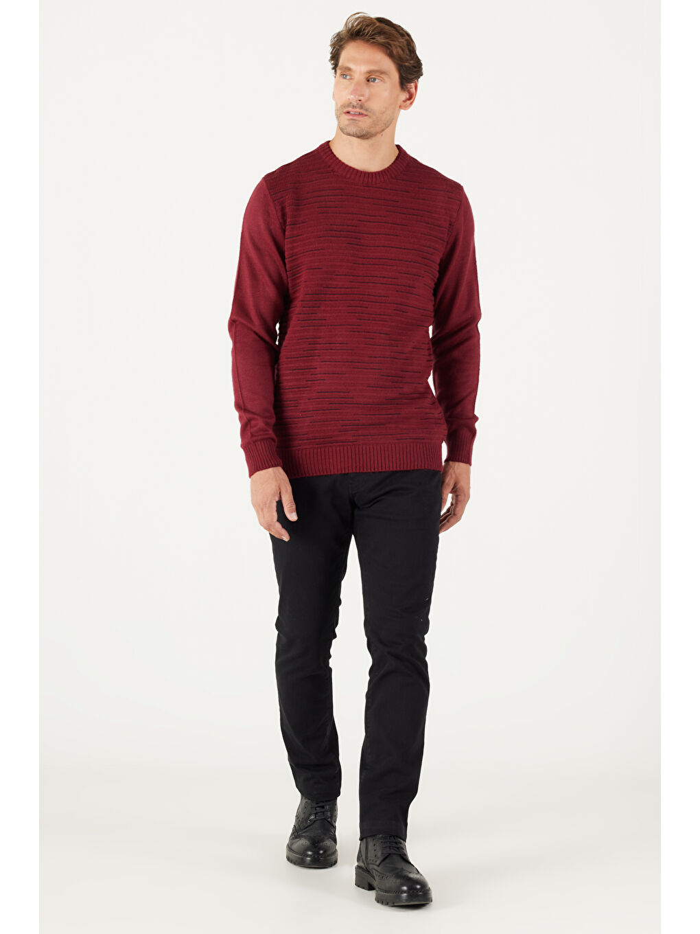 Erkek Bordo-Siyah Standart Fit Normal Kesim Bisiklet Yaka Dokulu Desenli Triko Kazak-3