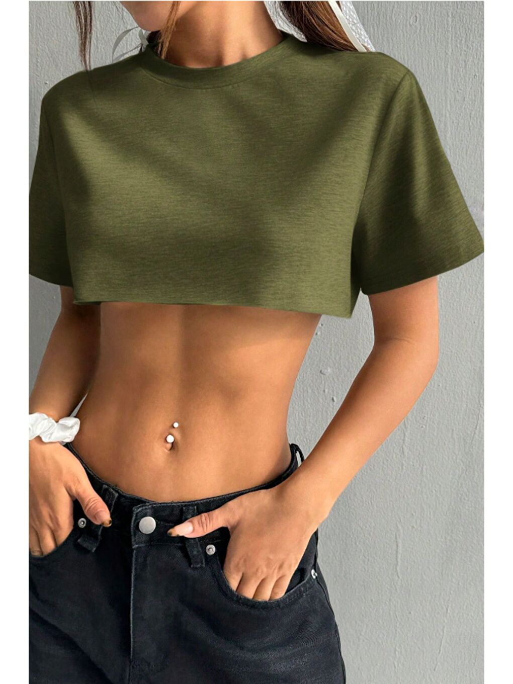Kadın Haki Bisiklet Yaka Oversize Crop T-Shirt