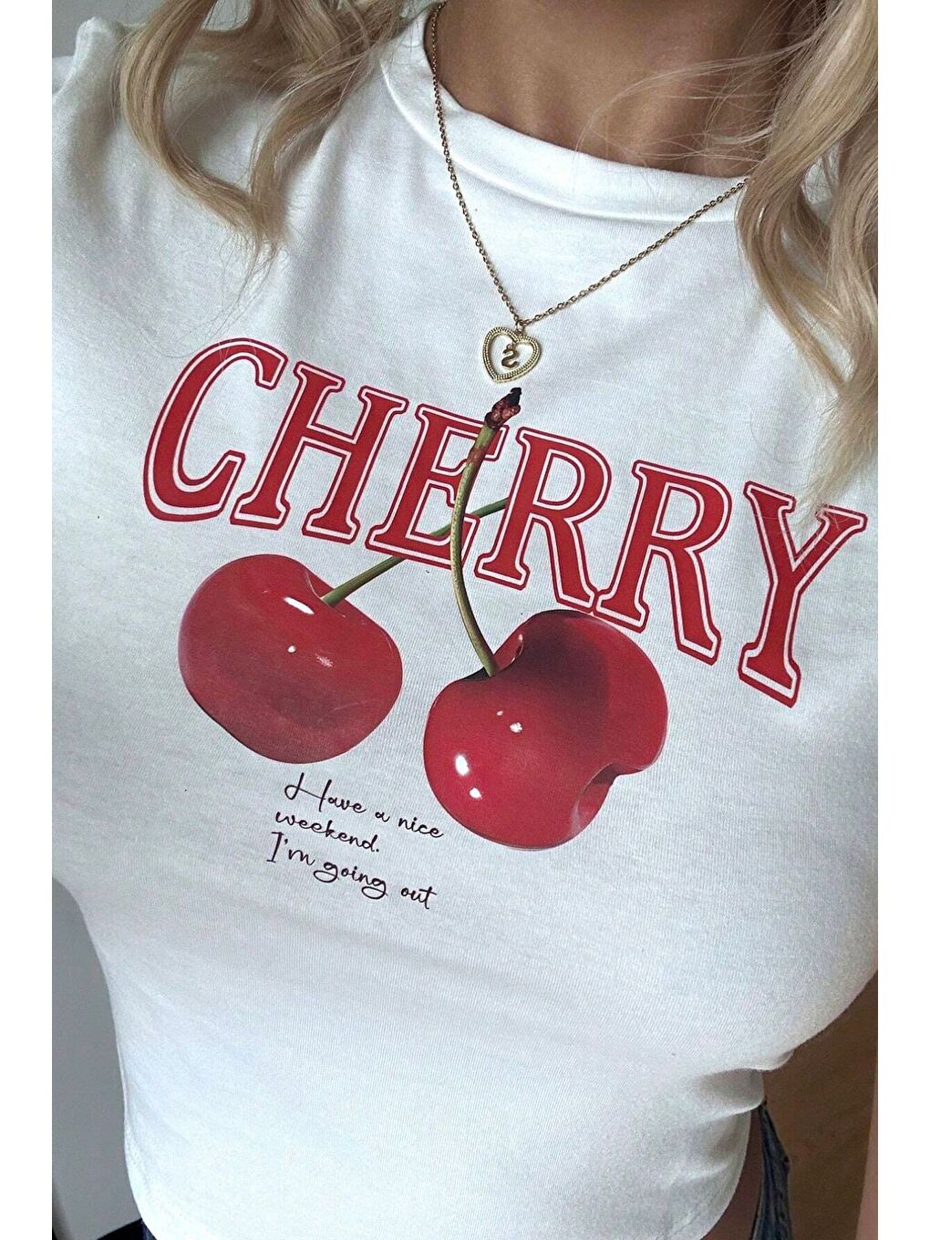Kadın Baskılı Beyaz Crop Tişört - Cherry Desenli, Yazlık Kısa Kollu Bluz-4