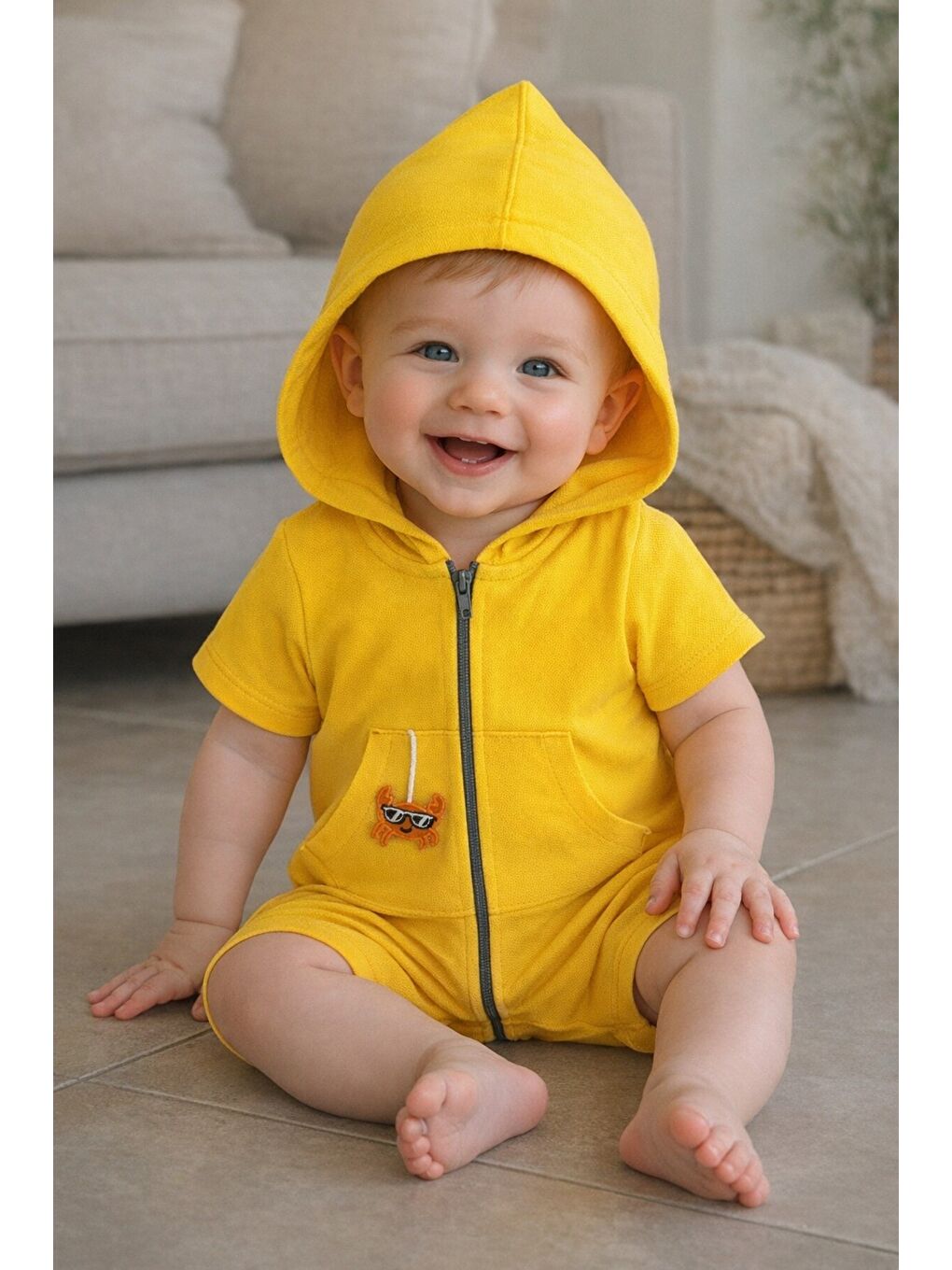 Sarı Unisex Bebek Yazlık Kapüşonlu Tulum Pamuklu Fermuarlı Tulum-3