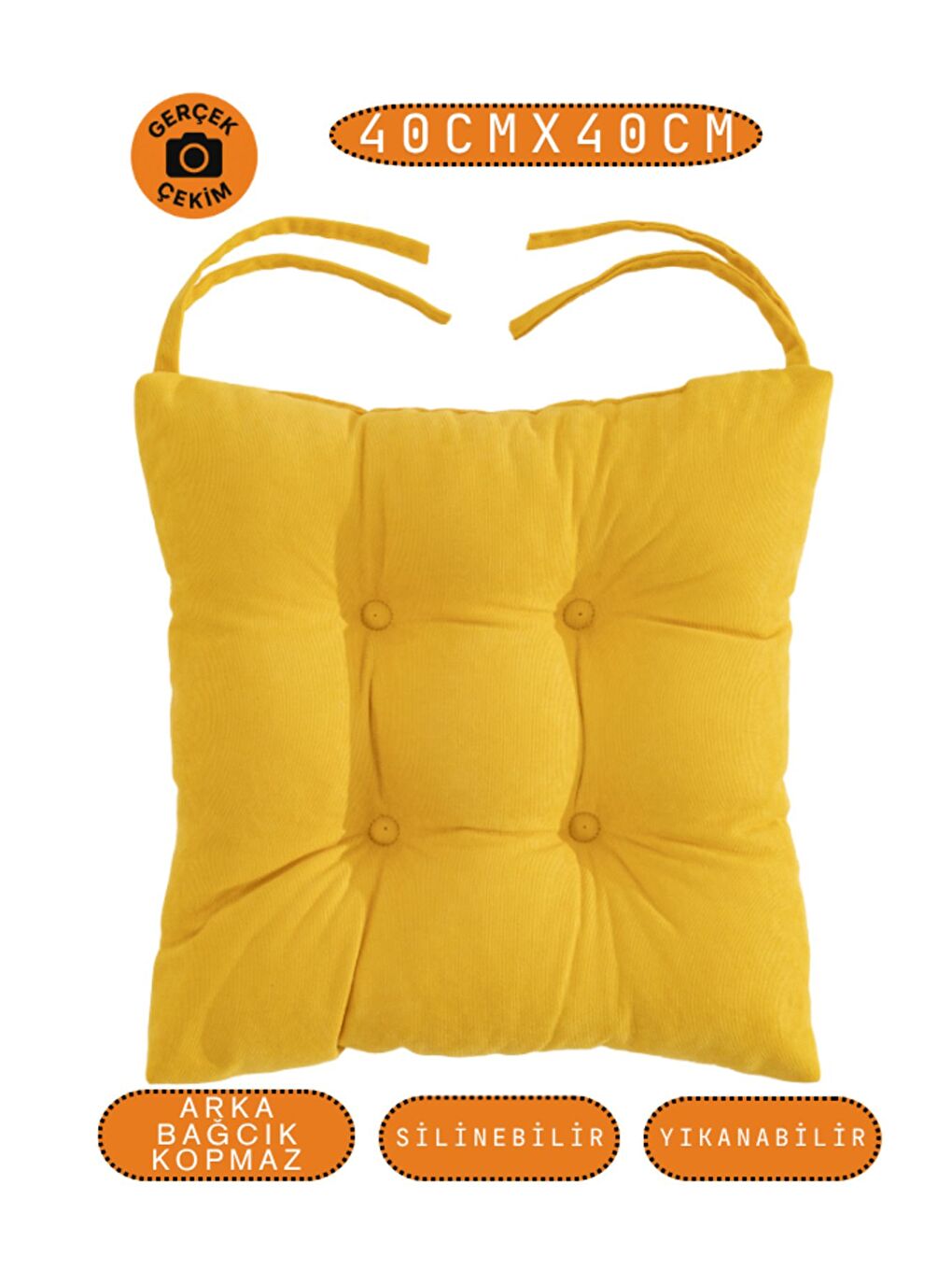 Pastello Sandalye Minderi –Sarı – Kadife Dokulu, Bağcıklı, Yıkanabilir – 40x40