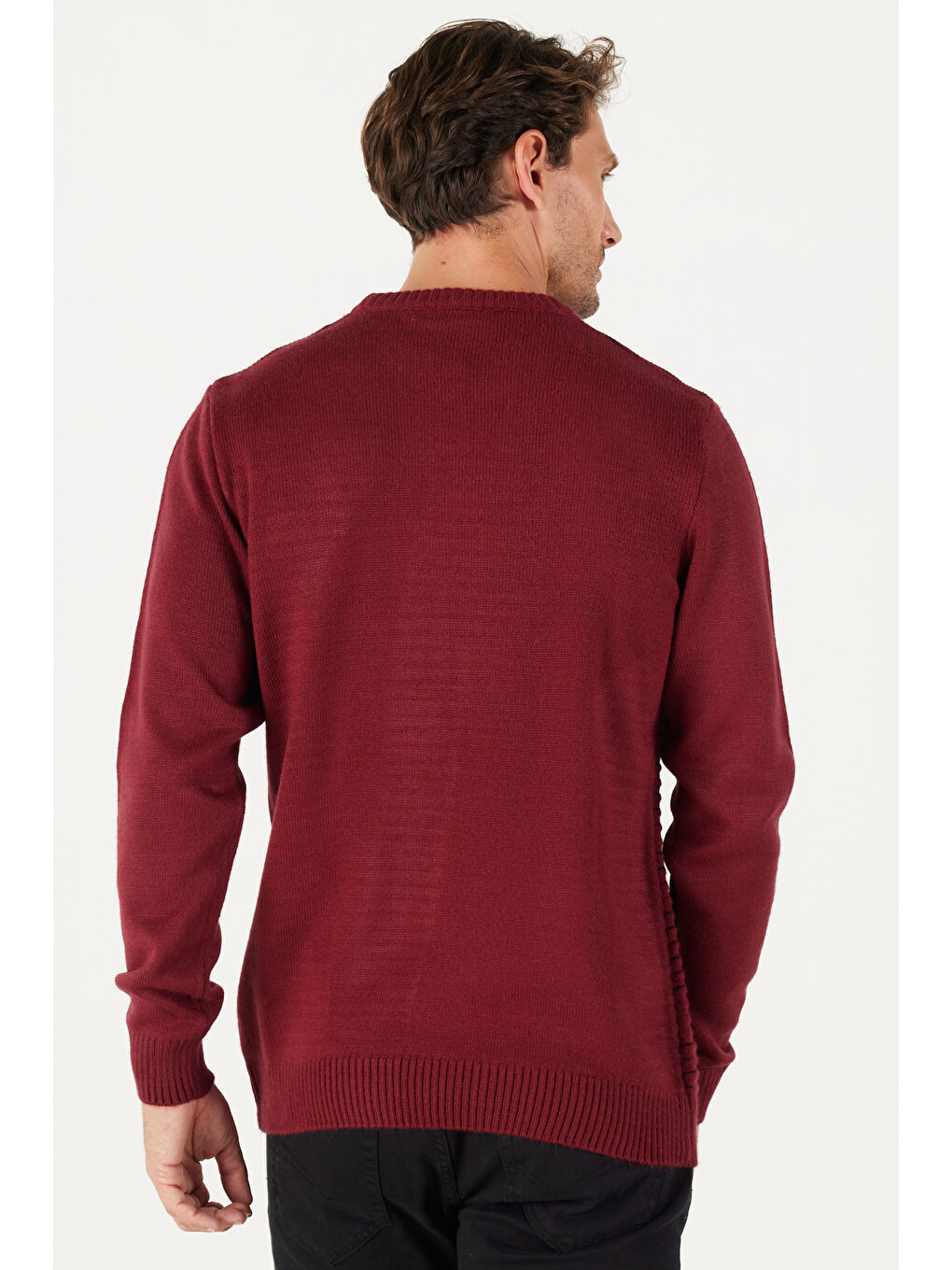 Erkek Bordo-Siyah Standart Fit Normal Kesim Bisiklet Yaka Dokulu Desenli Triko Kazak-4