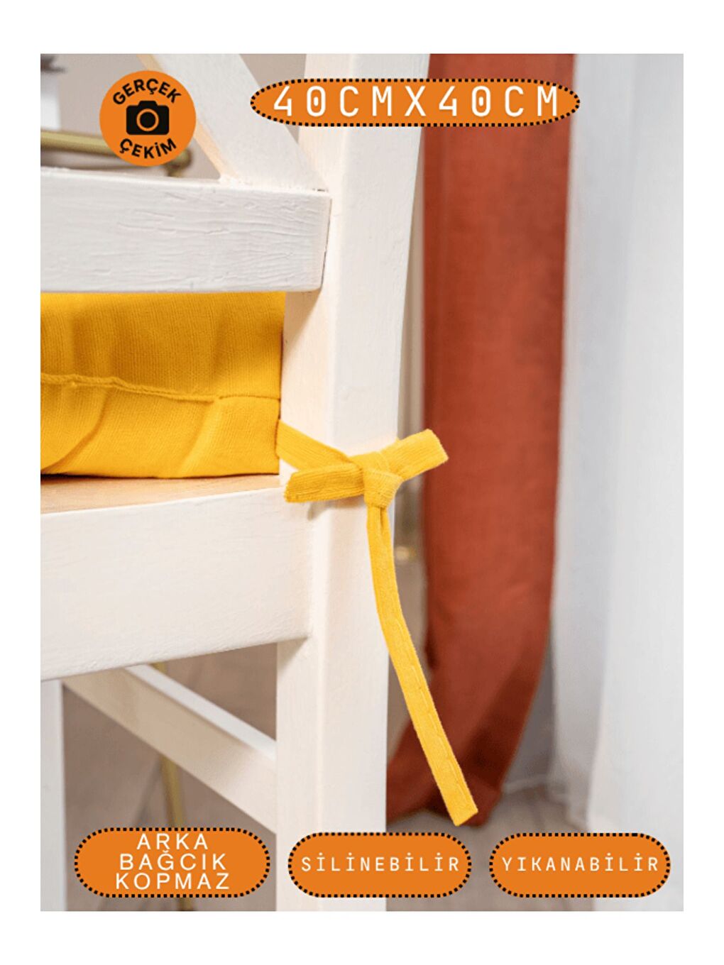 Pastello Sandalye Minderi –Sarı – Kadife Dokulu, Bağcıklı, Yıkanabilir – 40x40-3