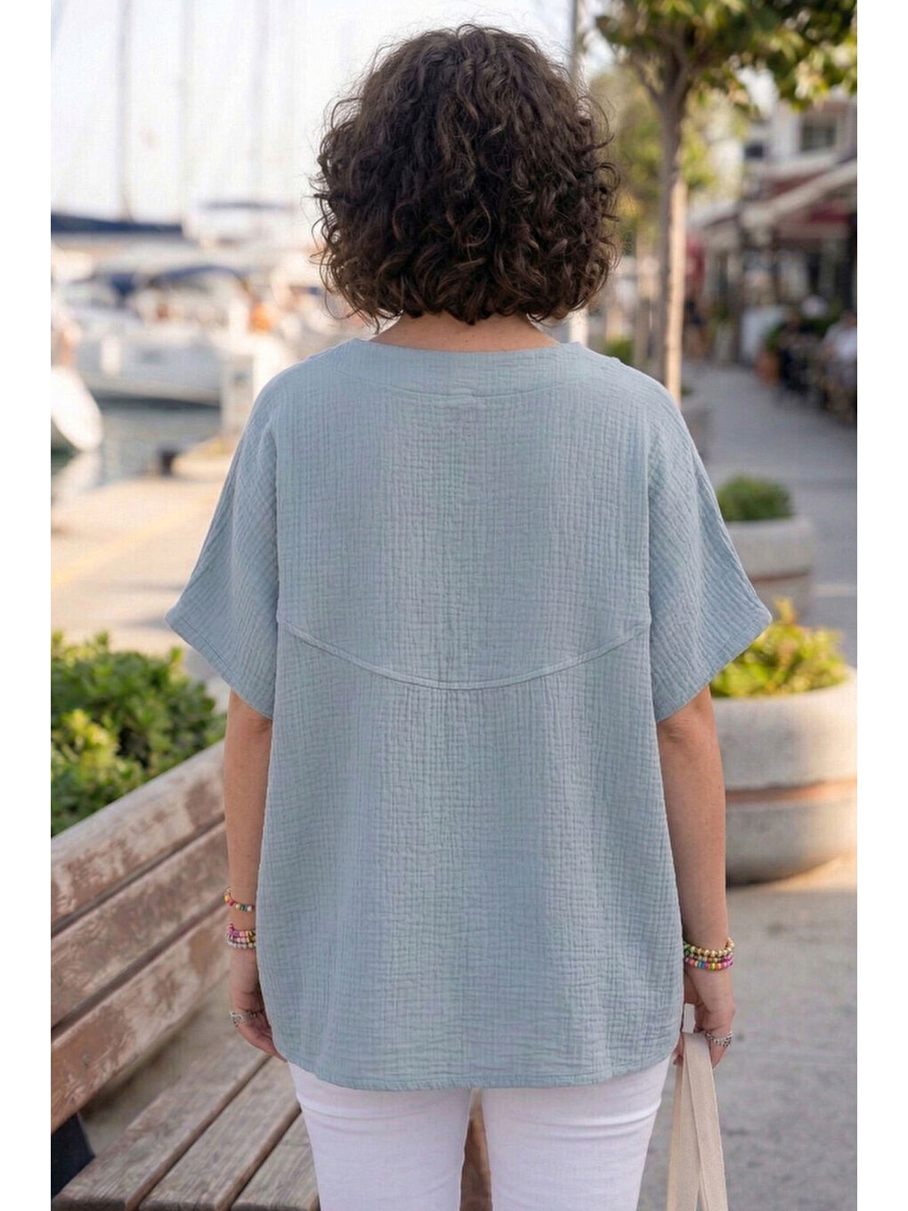 Açık Mavi Bebe Yaka Düşük Kol Düğmeli Casual Müslin Oversize Dokuma Bluz 70 65-4