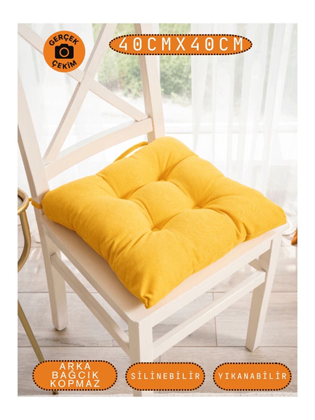 Pastello Sandalye Minderi –Sarı – Kadife Dokulu, Bağcıklı, Yıkanabilir – 40x40-4