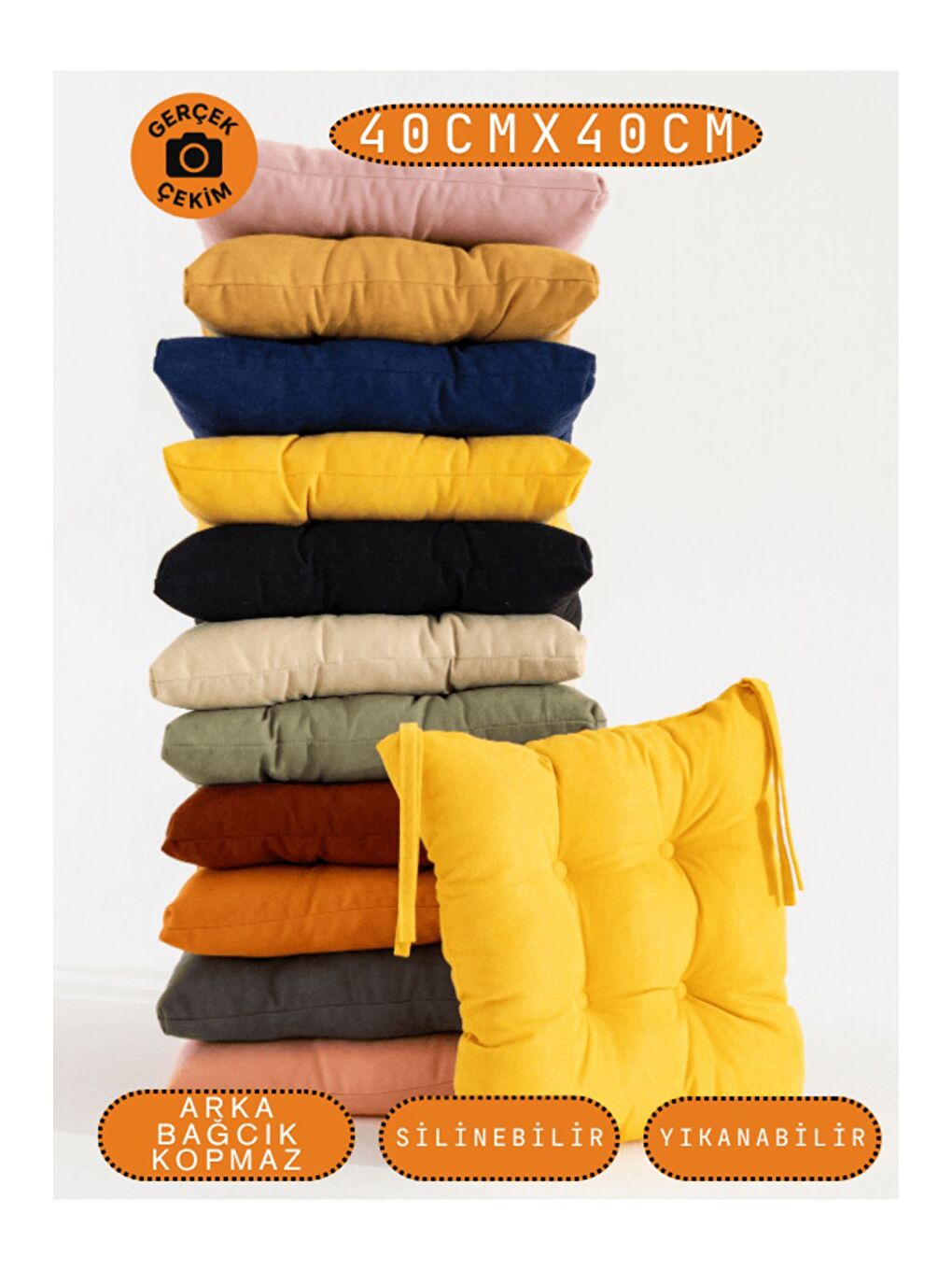 Pastello Sandalye Minderi –Sarı – Kadife Dokulu, Bağcıklı, Yıkanabilir – 40x40-6