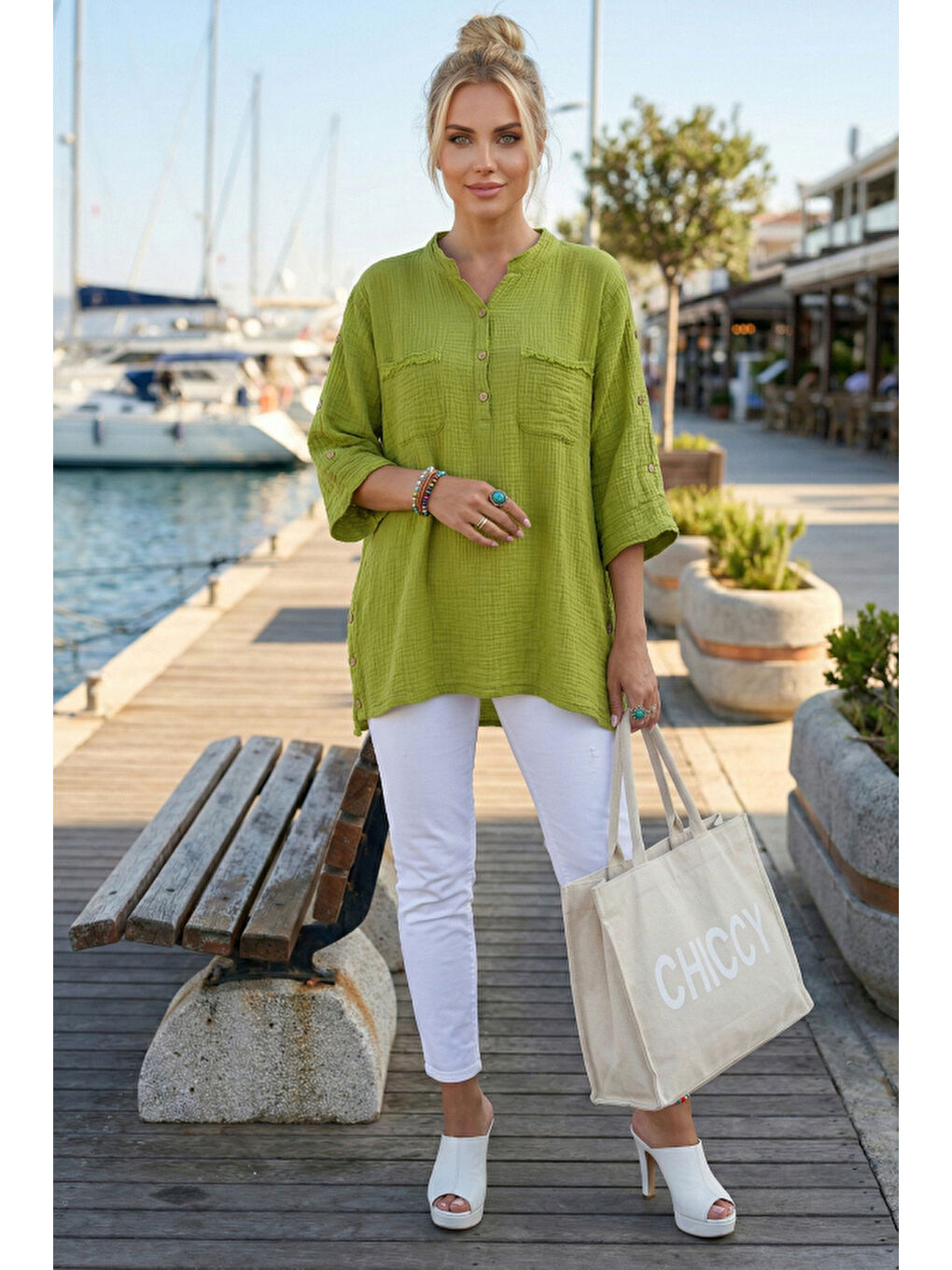 Yeşil Hakim Yaka 3/4 Kol Düğmeli Çift Cepli Yanları Düğmeli Casual Müslin Dokuma Bluz 70 65-3