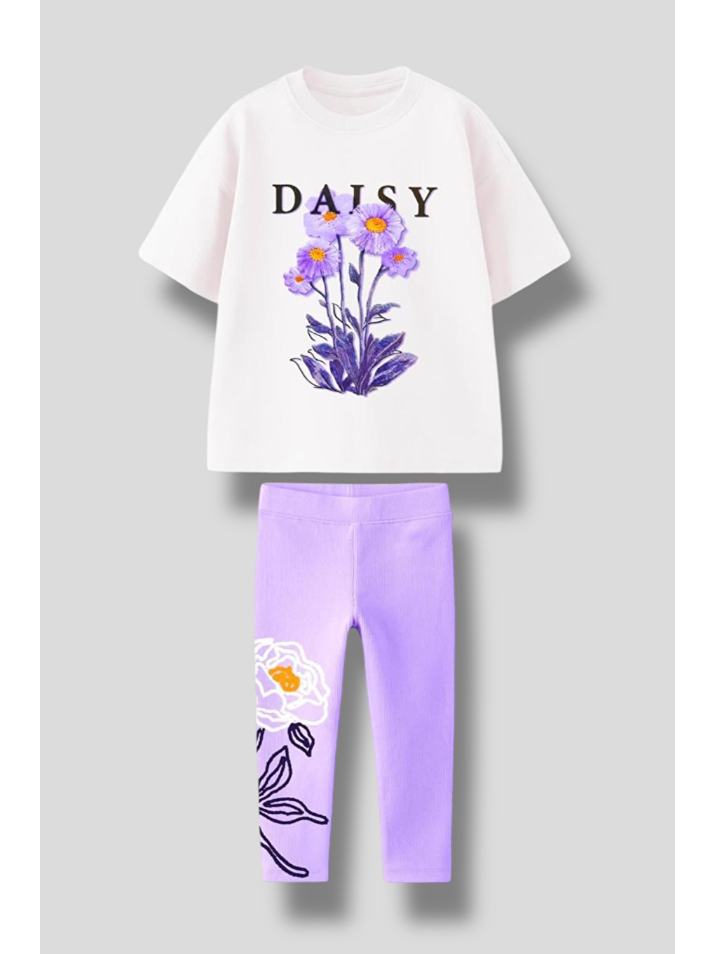 Mor Kız Çocuk 3D Papatya Detaylı Tişört Ve Çiçek Desenli Tayt Takımı – 2'Li Set, Pamuklu Ve Rahat-1