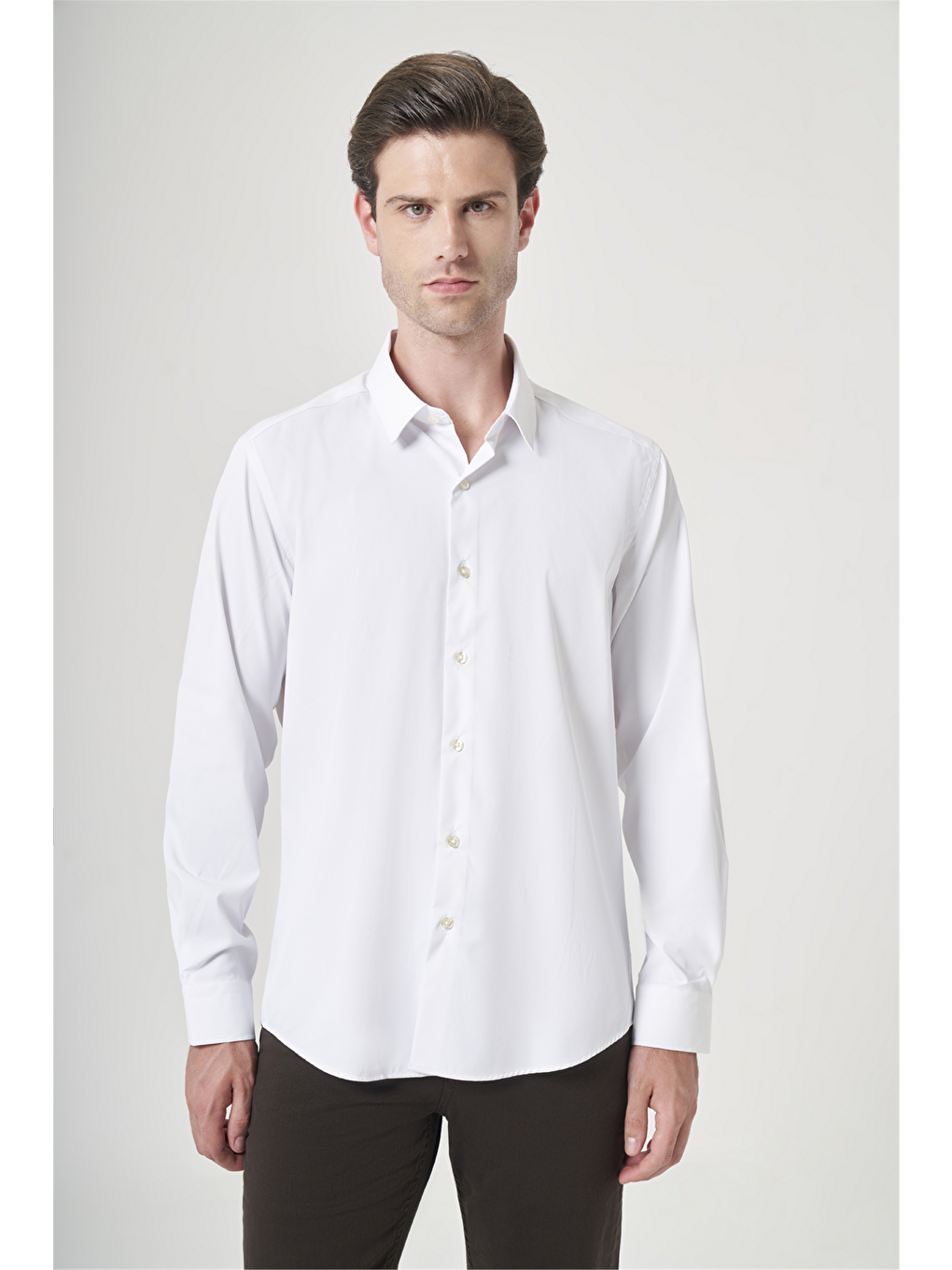 Beyaz Sert Yaka Uzun Kol Cepsiz Slim Fit Esnek Su İtici Gömlek 1004260234