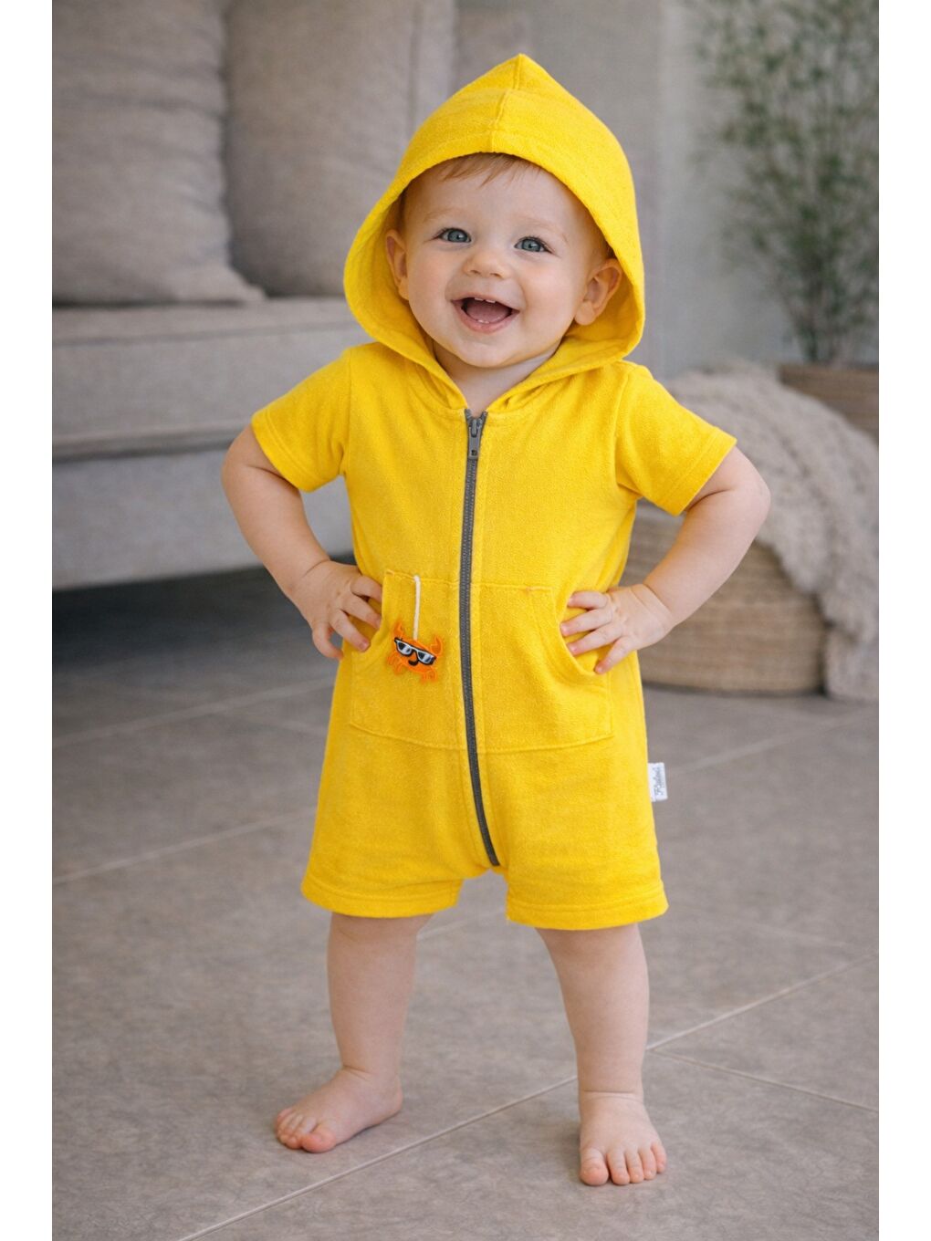 Sarı Unisex Bebek Yazlık Kapüşonlu Tulum Pamuklu Fermuarlı Tulum-4