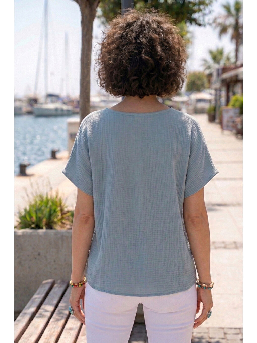 Açık Mavi Bebe Yaka Düşük Kol Düğmeli Casual Müslin Oversize Dokuma Bluz 70 65-5