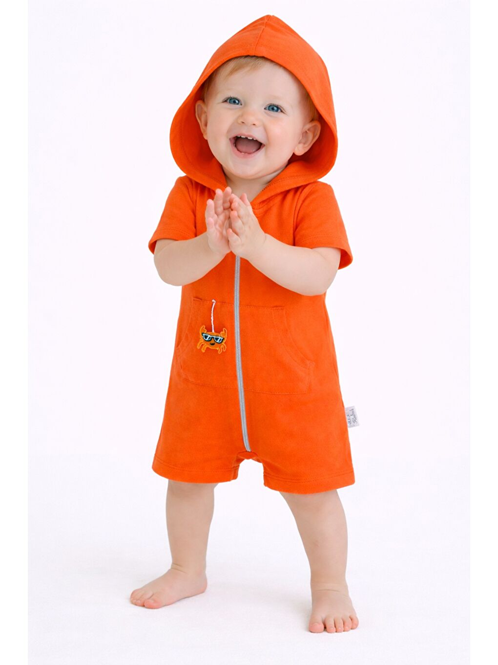 Turuncu Unisex Bebek Yazlık Kapüşonlu Tulum Pamuklu Fermuarlı Tulum-1