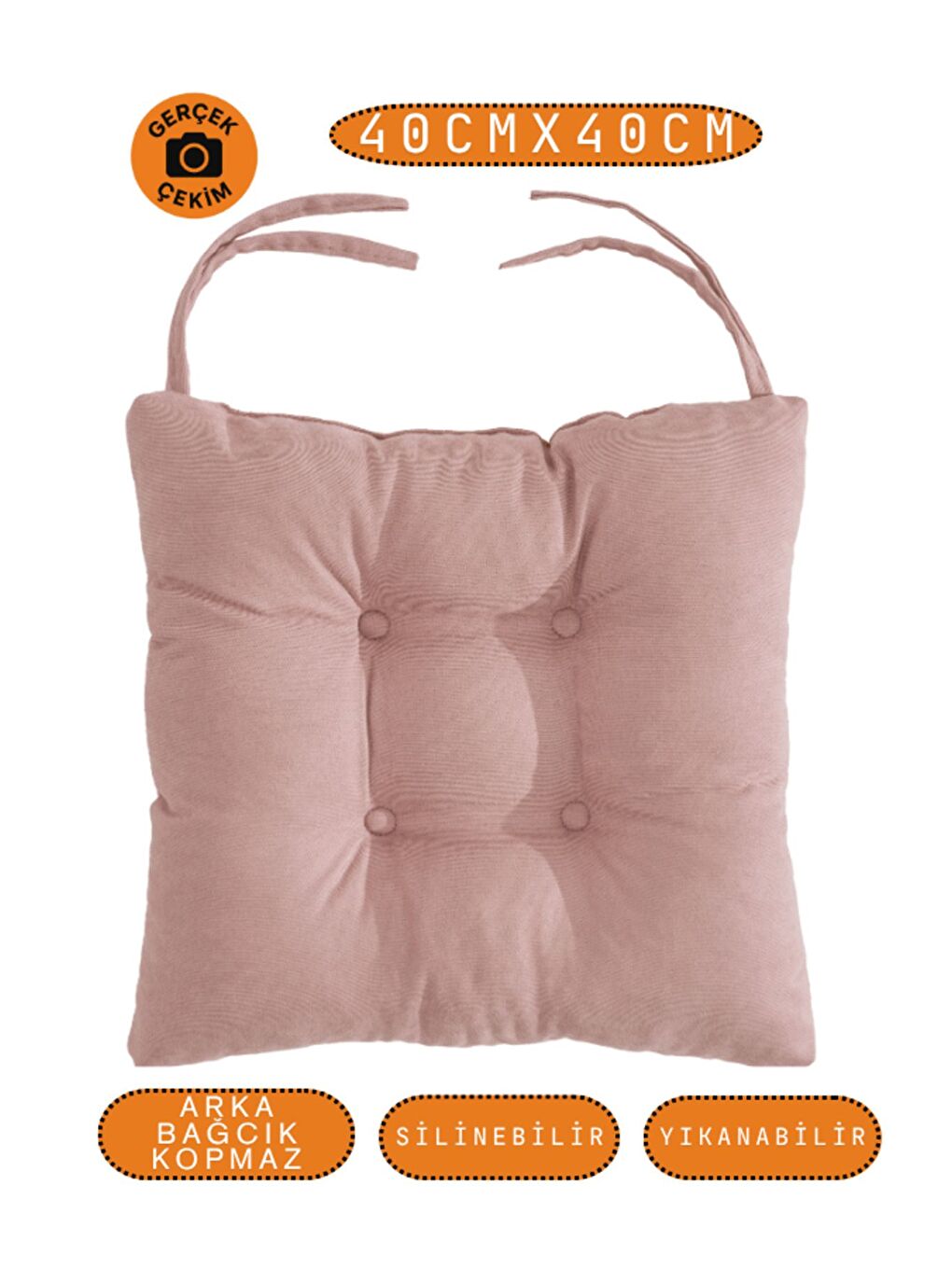 Pembe Pastello Sandalye Minderi – Gül Kurusu – Kadife Dokulu, Bağcıklı, Yıkanabilir – 40x40