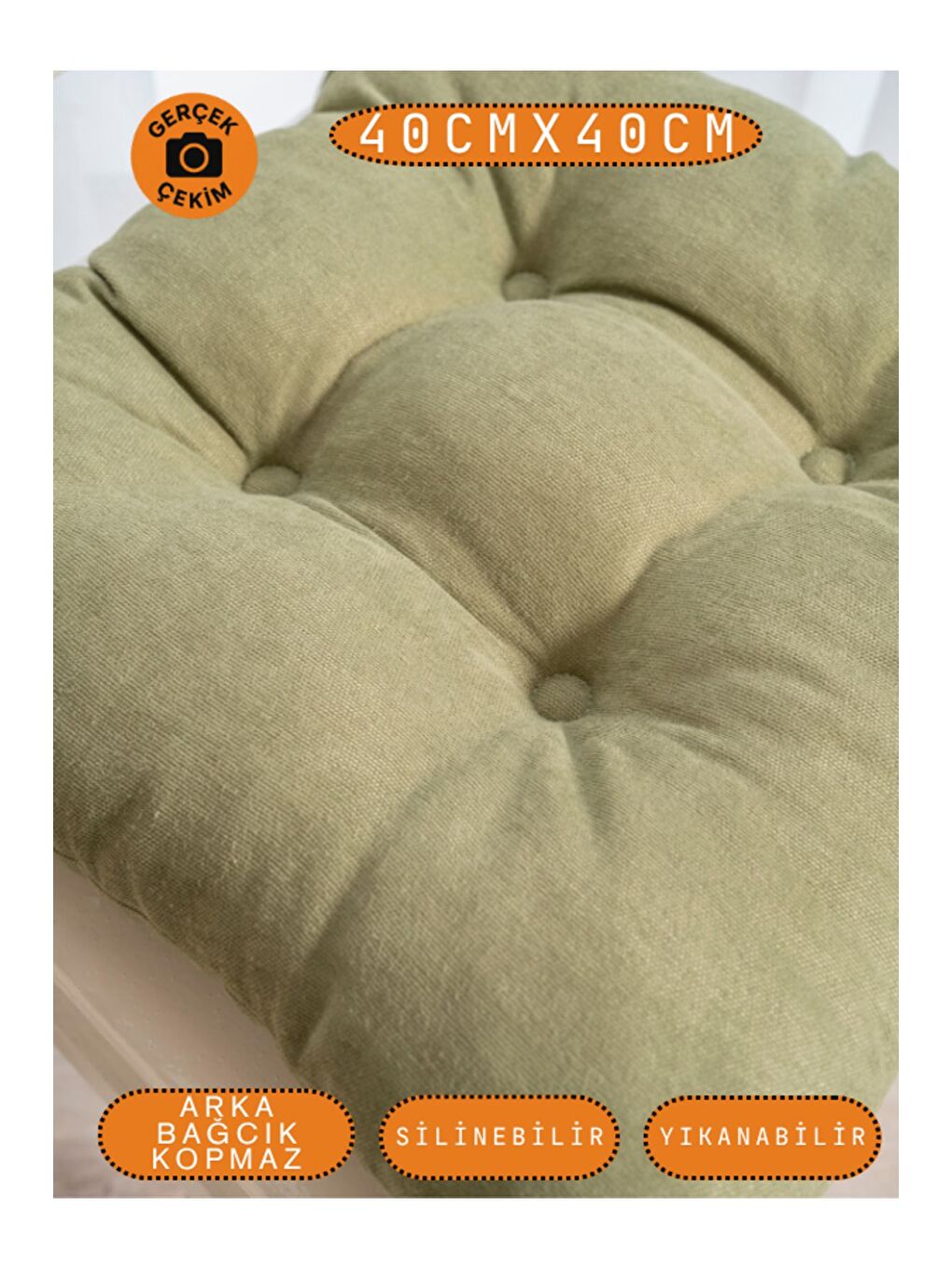 Pastello Sandalye Minderi –Haki Yeşili – Kadife Dokulu, Bağcıklı, Yıkanabilir – 40x40-2
