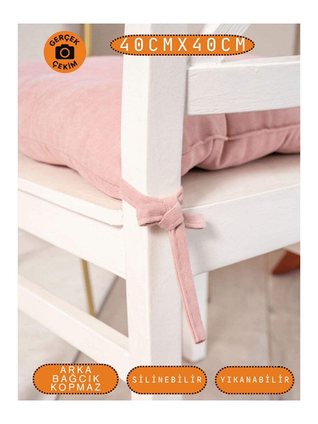 Pembe Pastello Sandalye Minderi – Gül Kurusu – Kadife Dokulu, Bağcıklı, Yıkanabilir – 40x40-2