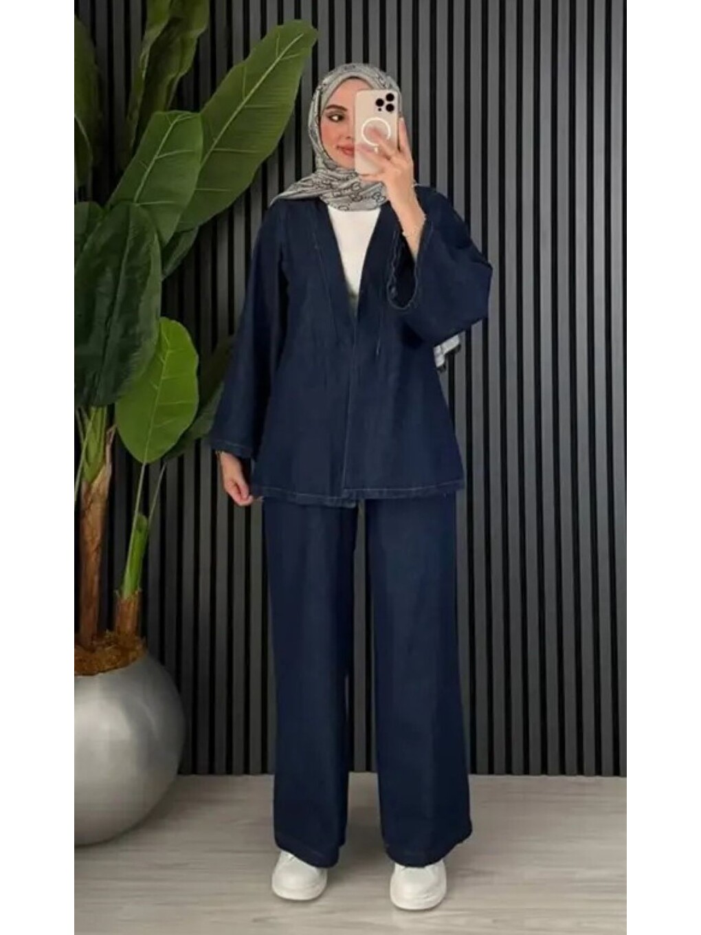 İndigo Kadın Koyu Mavi Denim Kimono Ceket Ve Bol Paça Pantolon Kemerli 2’li Takım